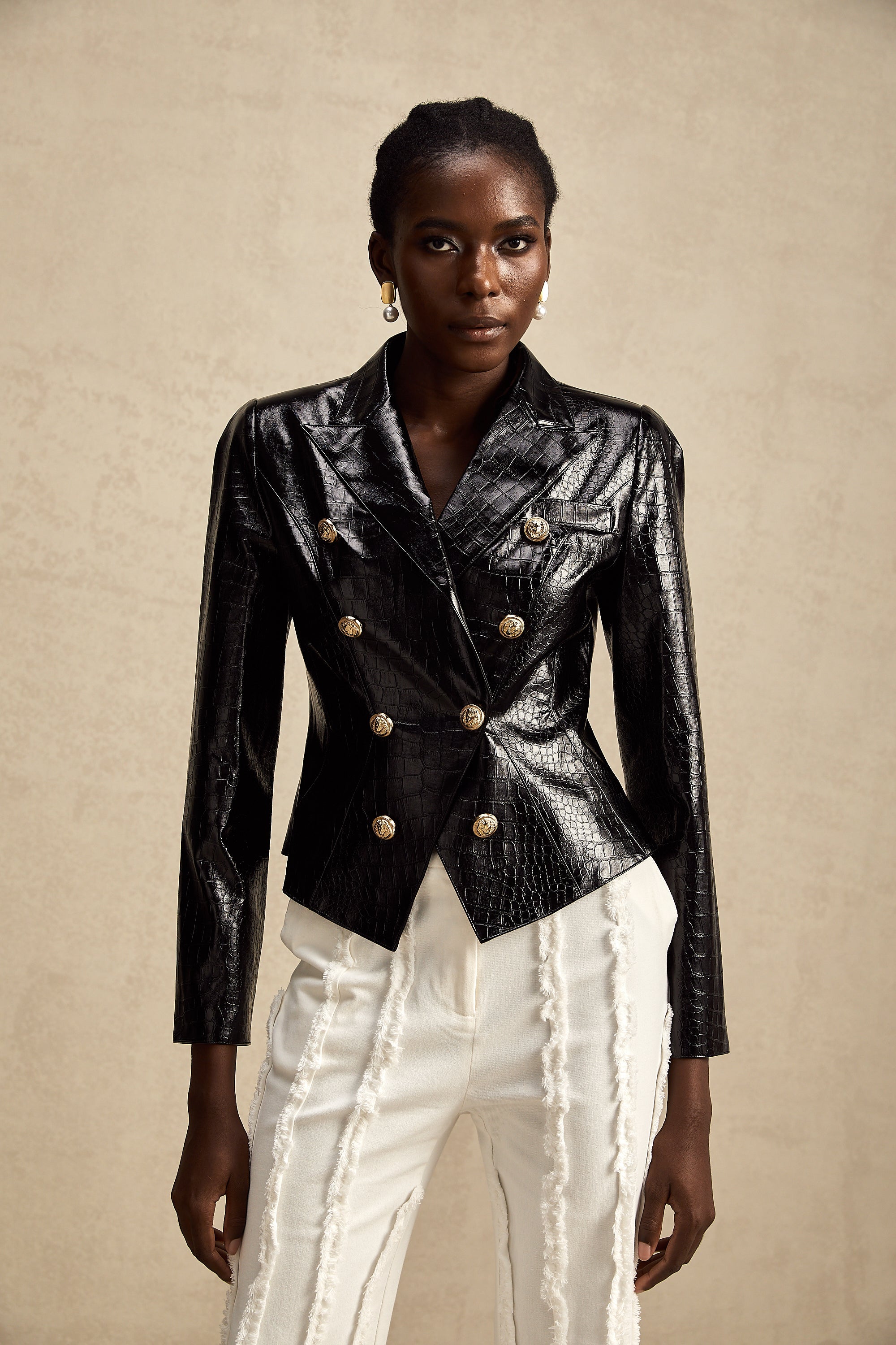 Élodie black cinched-waist leather jacket (Final Sale)