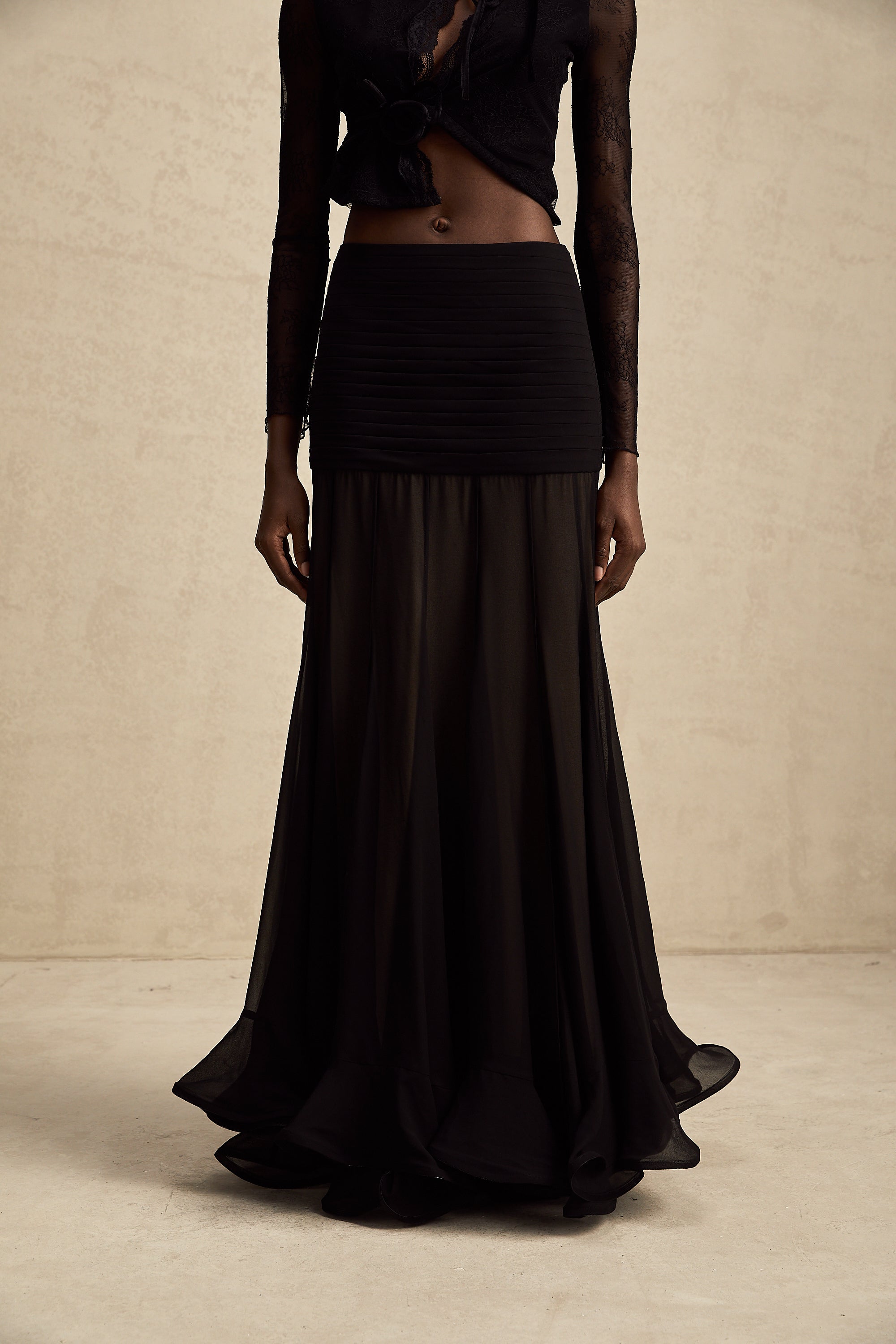 Jacqueline rayon ruffle pleated tulle maxi skirt