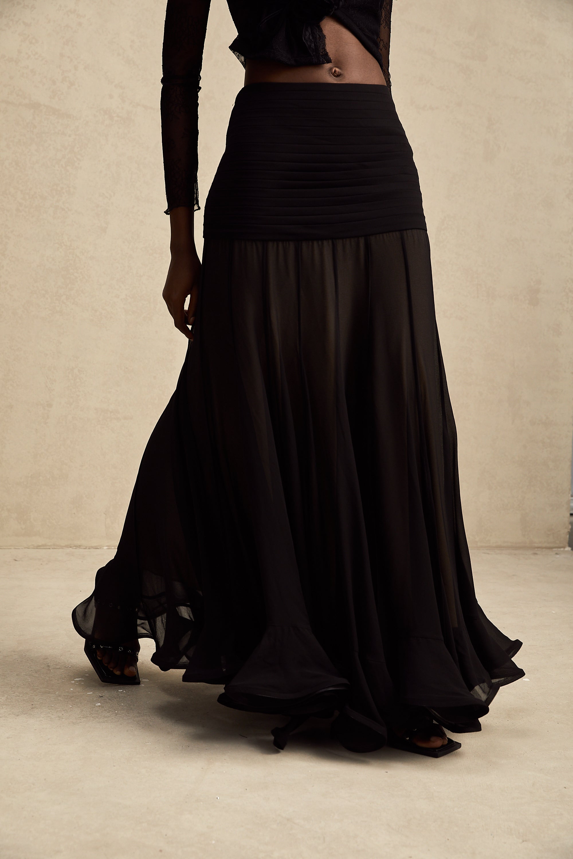 Jacqueline rayon ruffle pleated tulle maxi skirt
