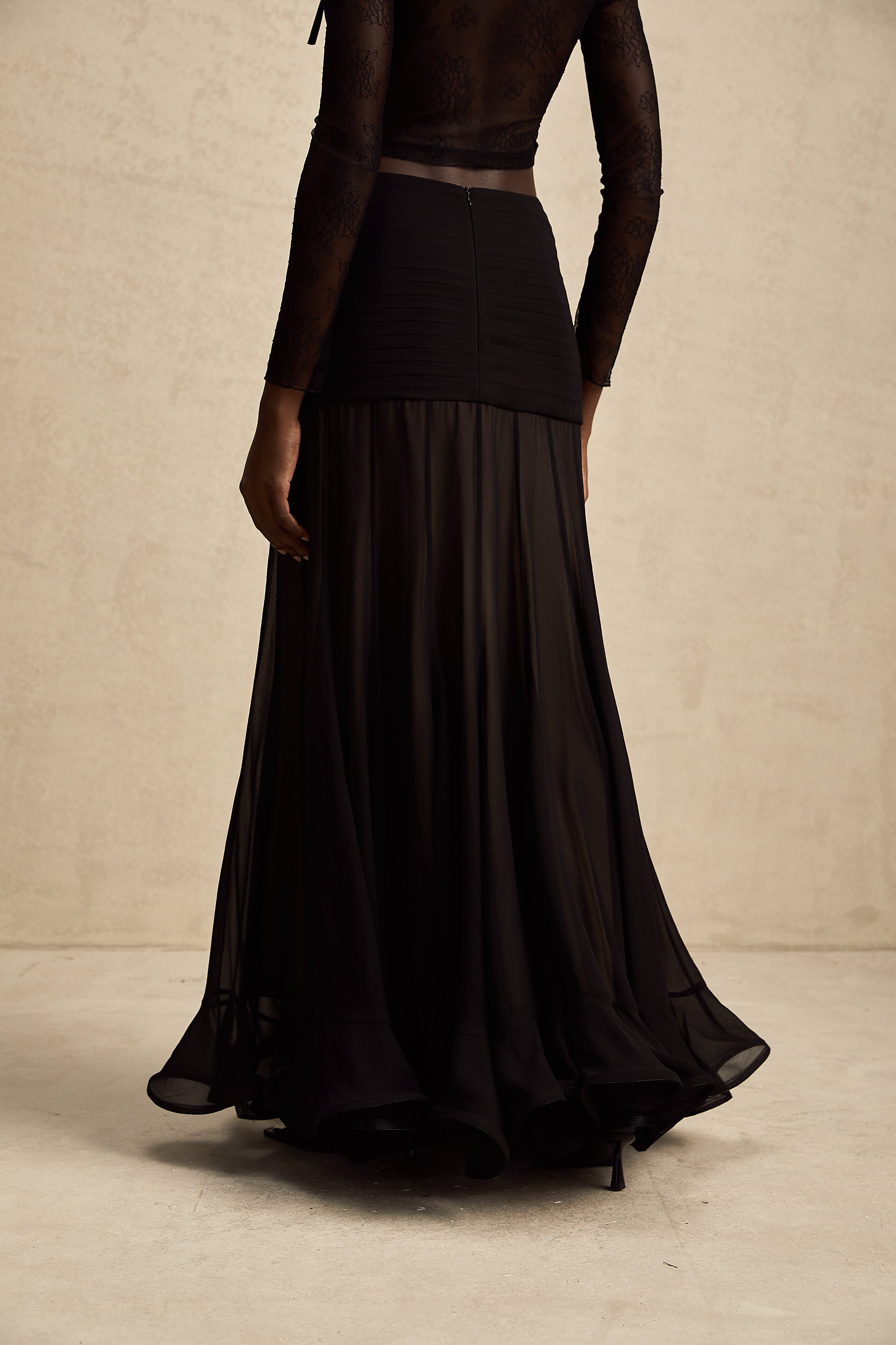 Jacqueline rayon ruffle pleated tulle maxi skirt