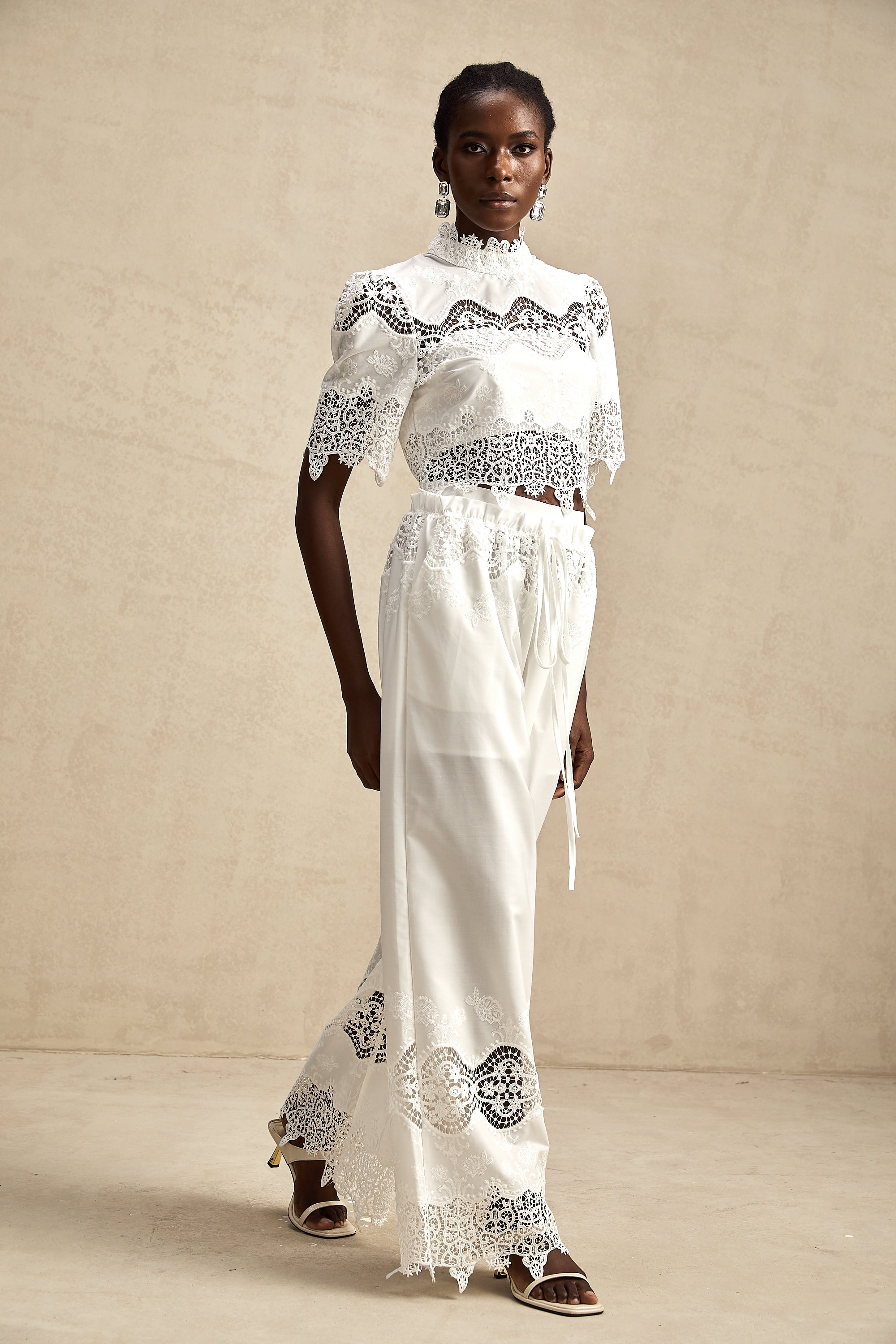 Raphaëlle lace-trim cut-out cropped top & trousers matching set (Final Sale)