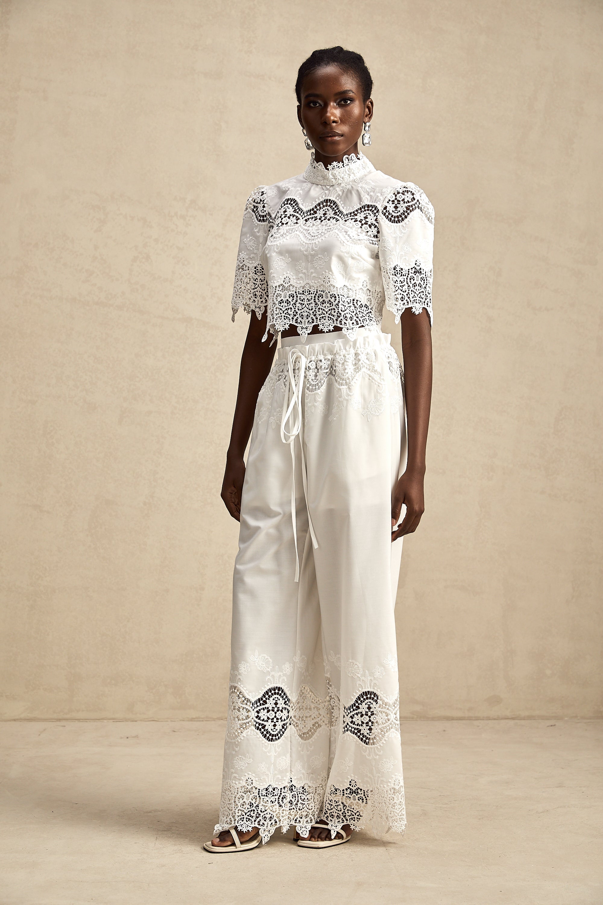 Raphaëlle lace-trim cut-out cropped top & trousers matching set (Final Sale)
