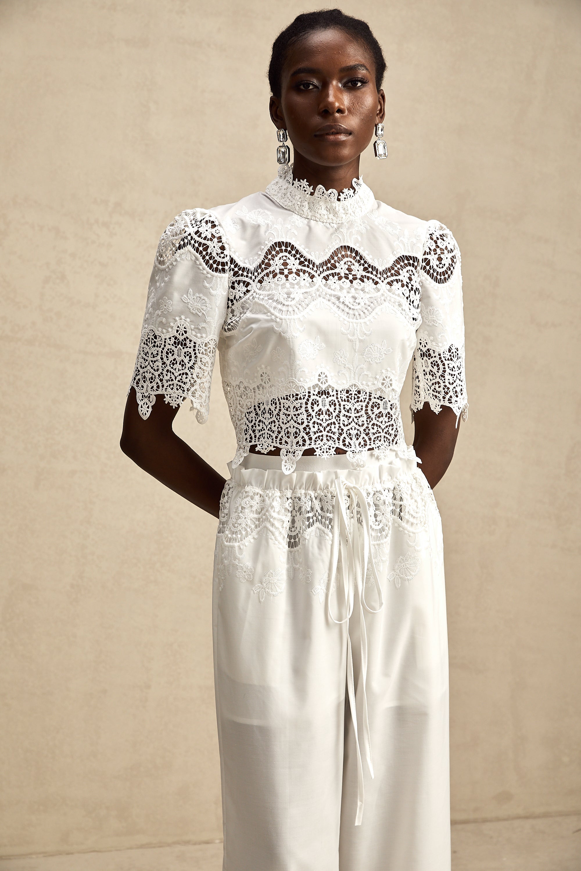 Raphaëlle lace-trim cut-out cropped top & trousers matching set (Final Sale)