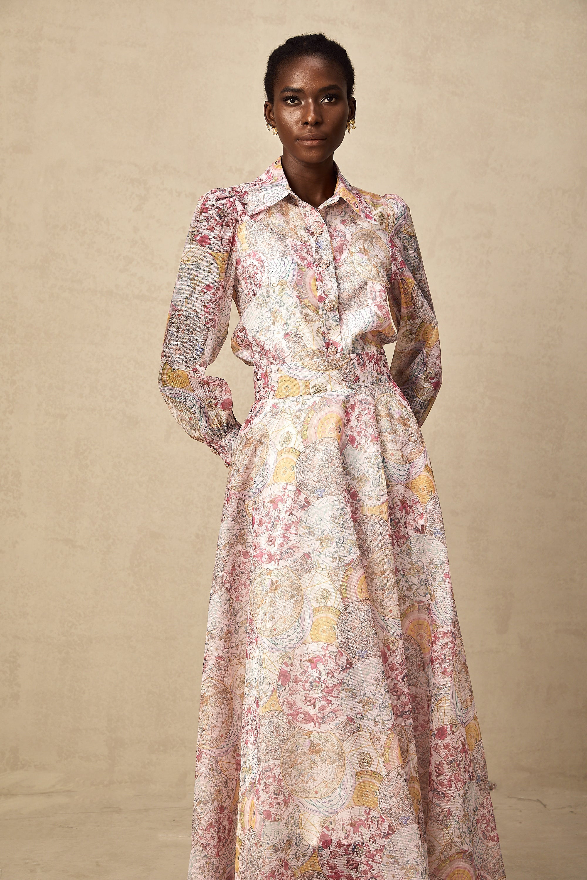 Cherry pink pattern-print shirt & skirt matching set(Final Sale)