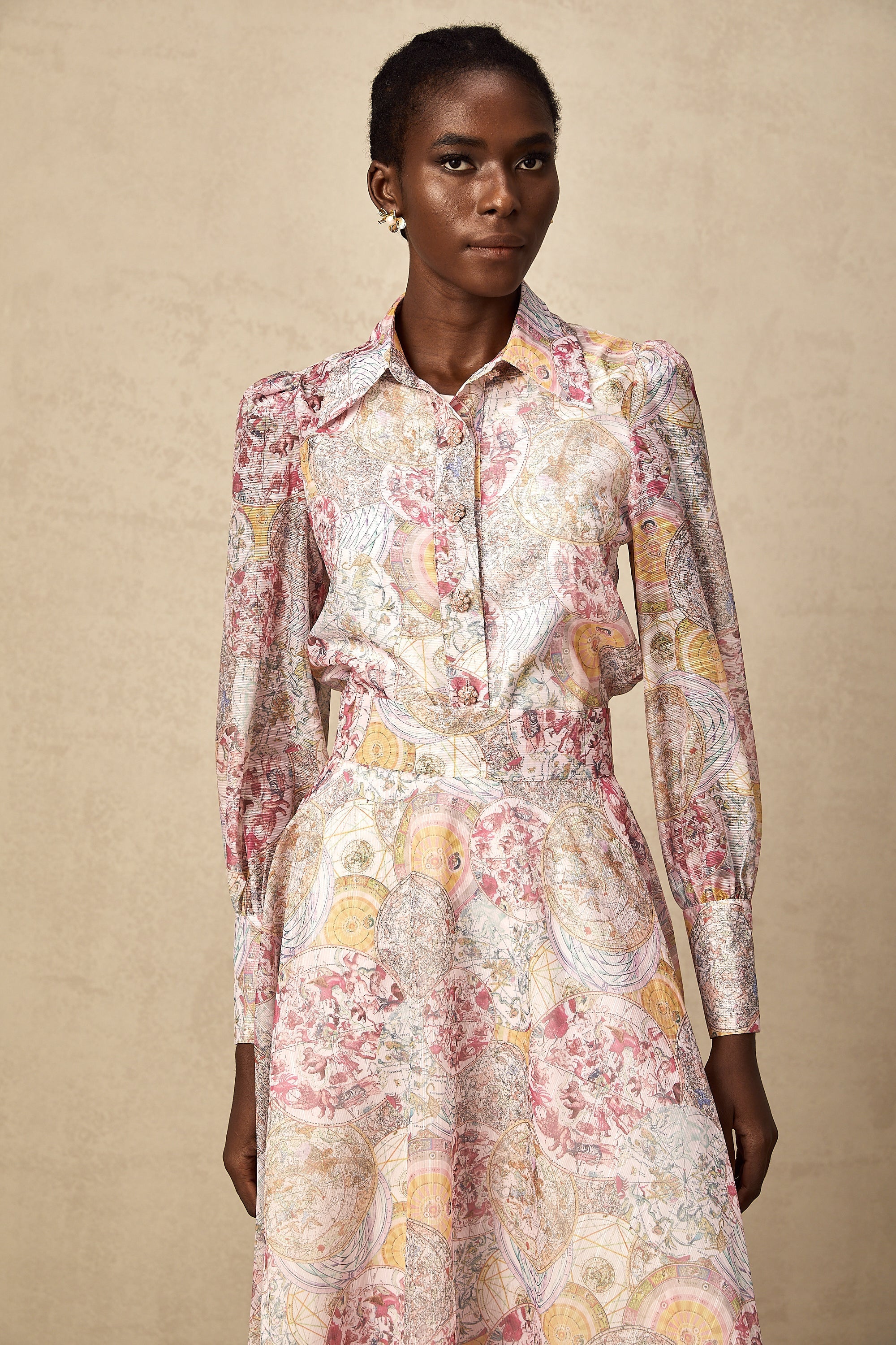 Cherry pink pattern-print shirt & skirt matching set(Final Sale)