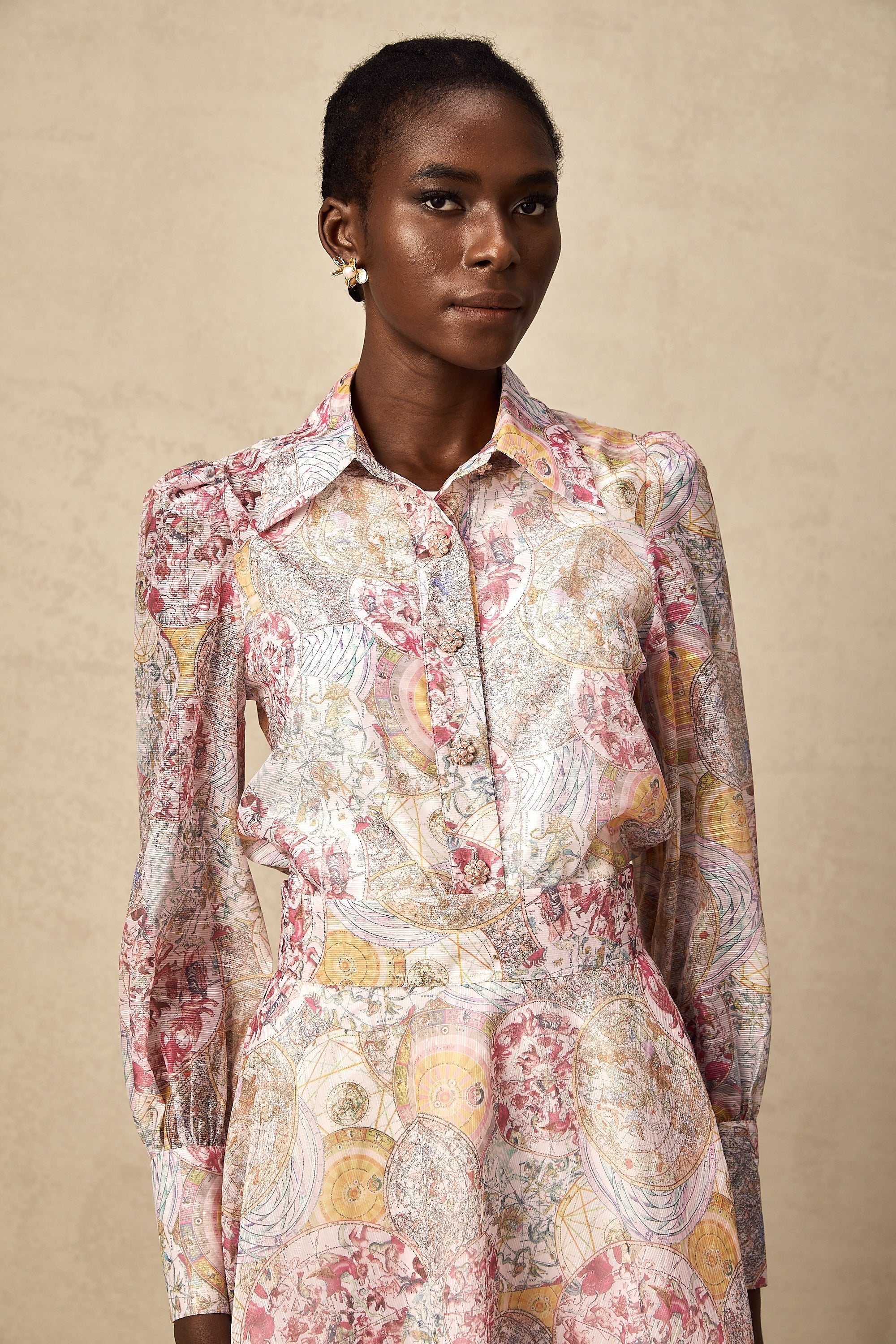 Cherry pink pattern-print shirt & skirt matching set(Final Sale)