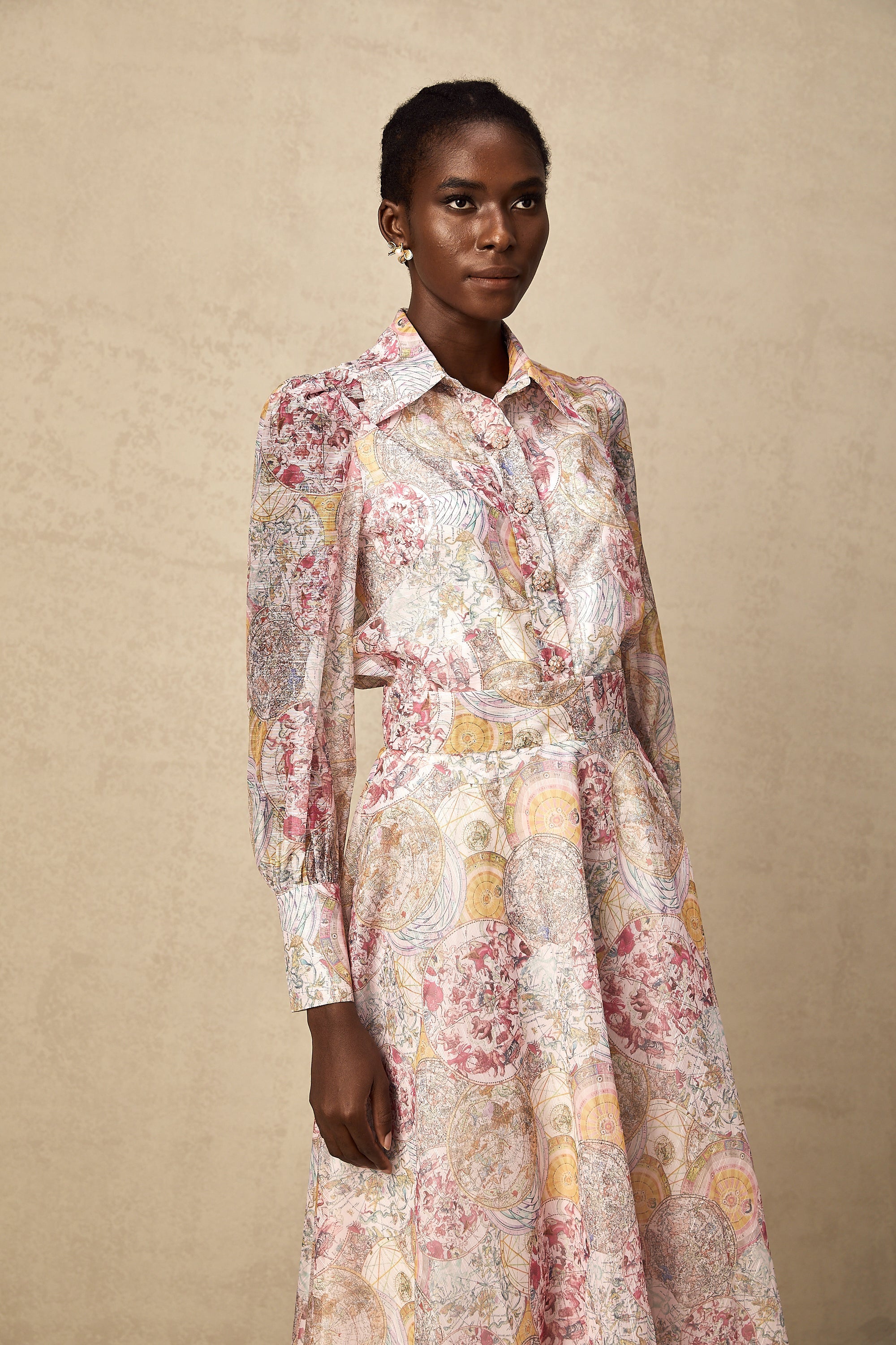 Cherry pink pattern-print shirt & skirt matching set(Final Sale-US Only)