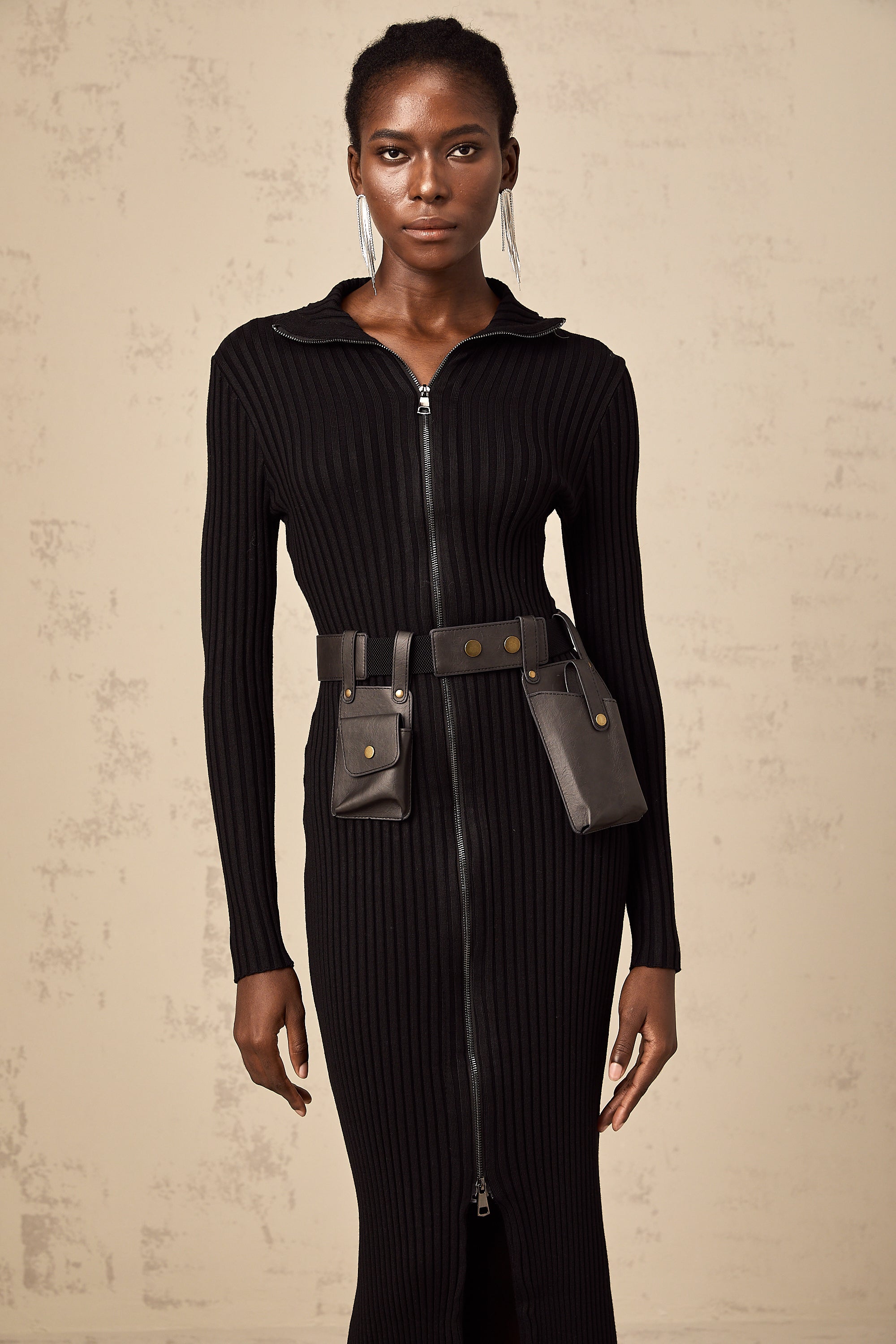 Nicoletta black front-zip belted knit midi dress (Final Sale)