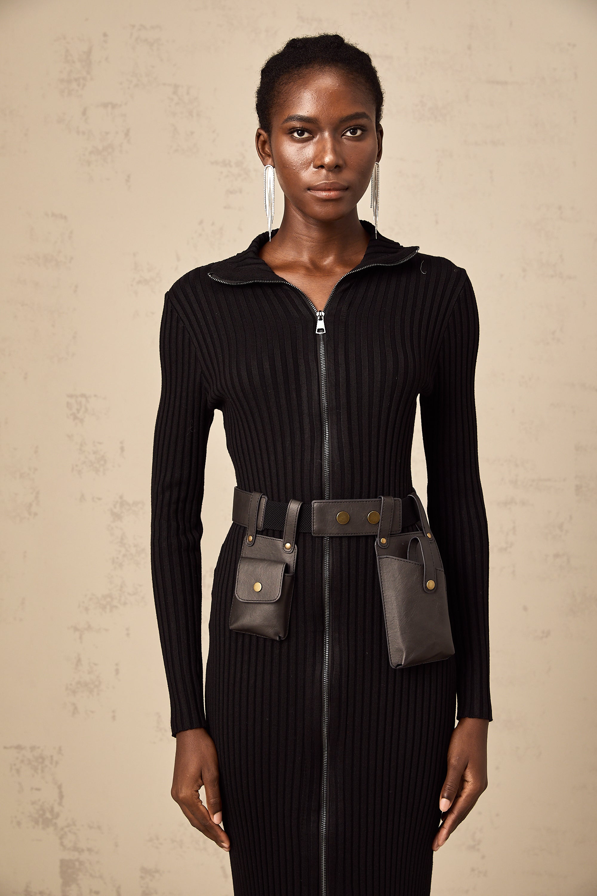 Nicoletta black front-zip belted knit midi dress (Final Sale)