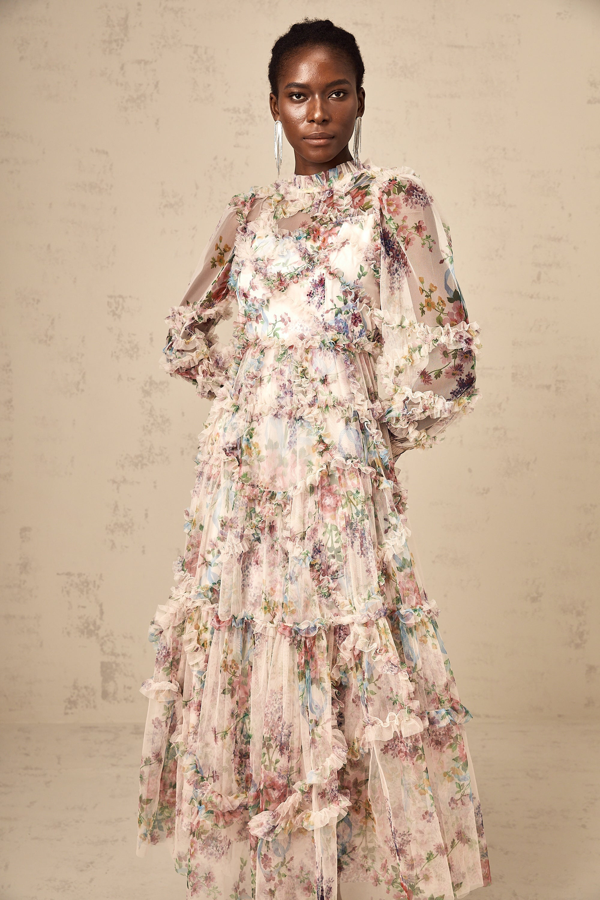 Candice floral ruffled tulle midi dress (Final Sale-US Only)