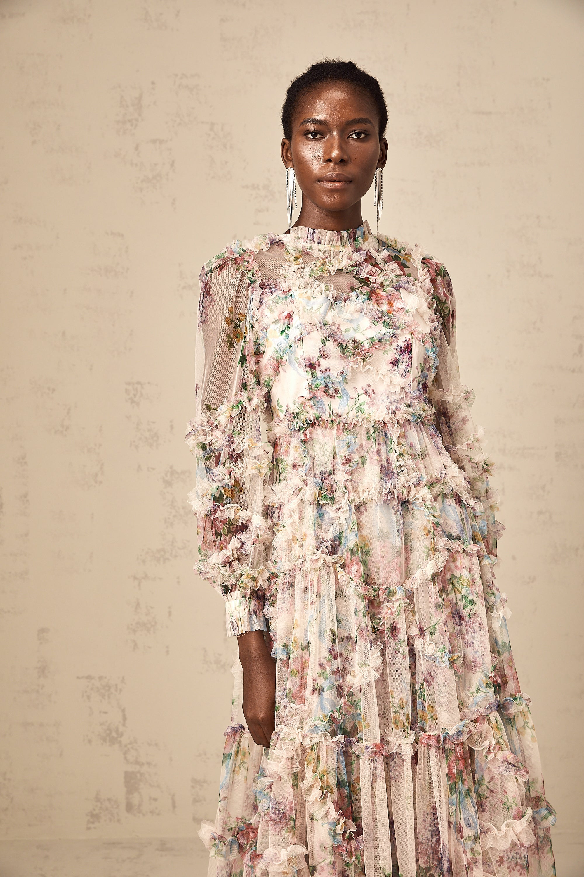 Candice floral ruffled tulle midi dress (Final Sale-US Only)