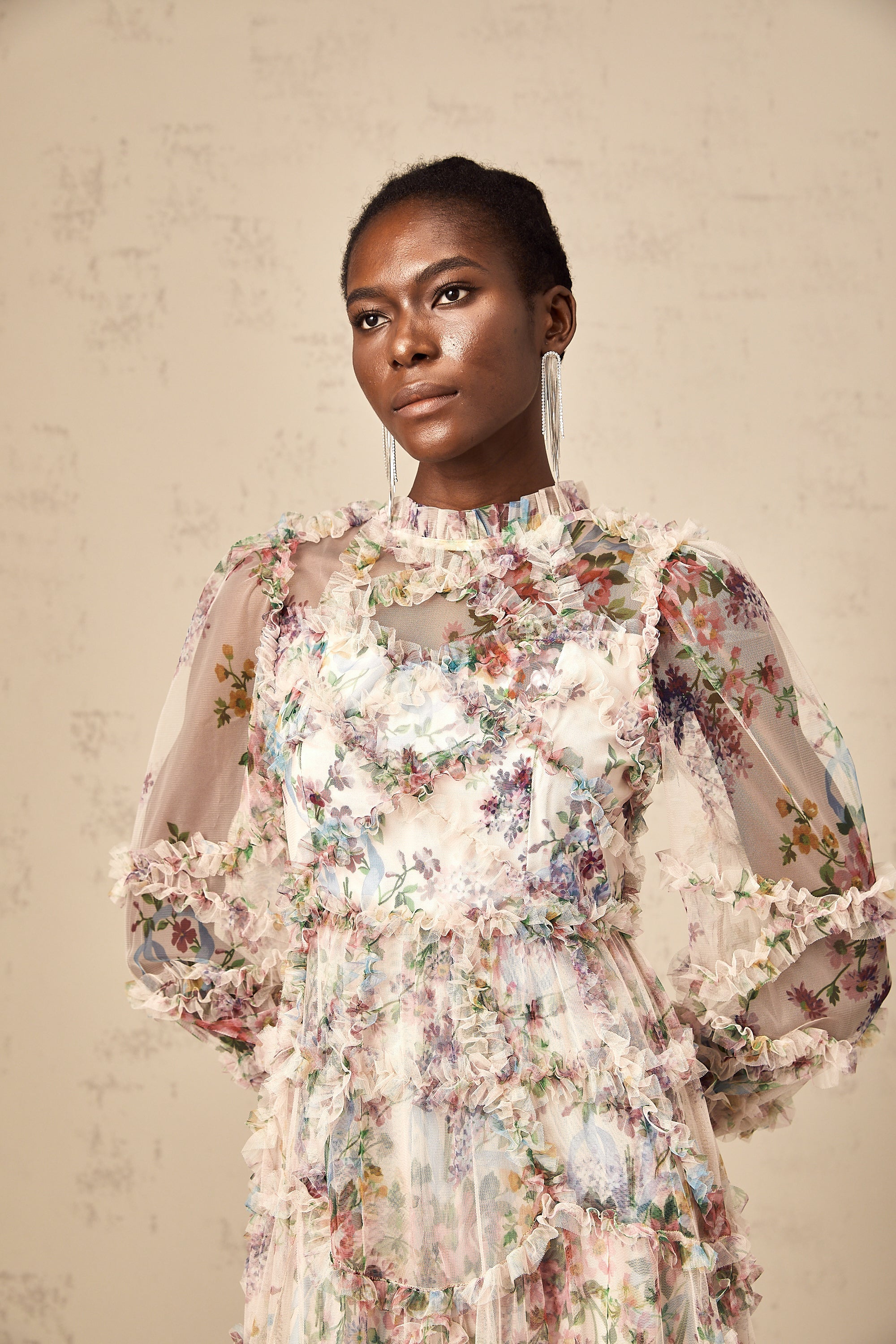 Candice floral ruffled tulle midi dress (Final Sale-US Only)