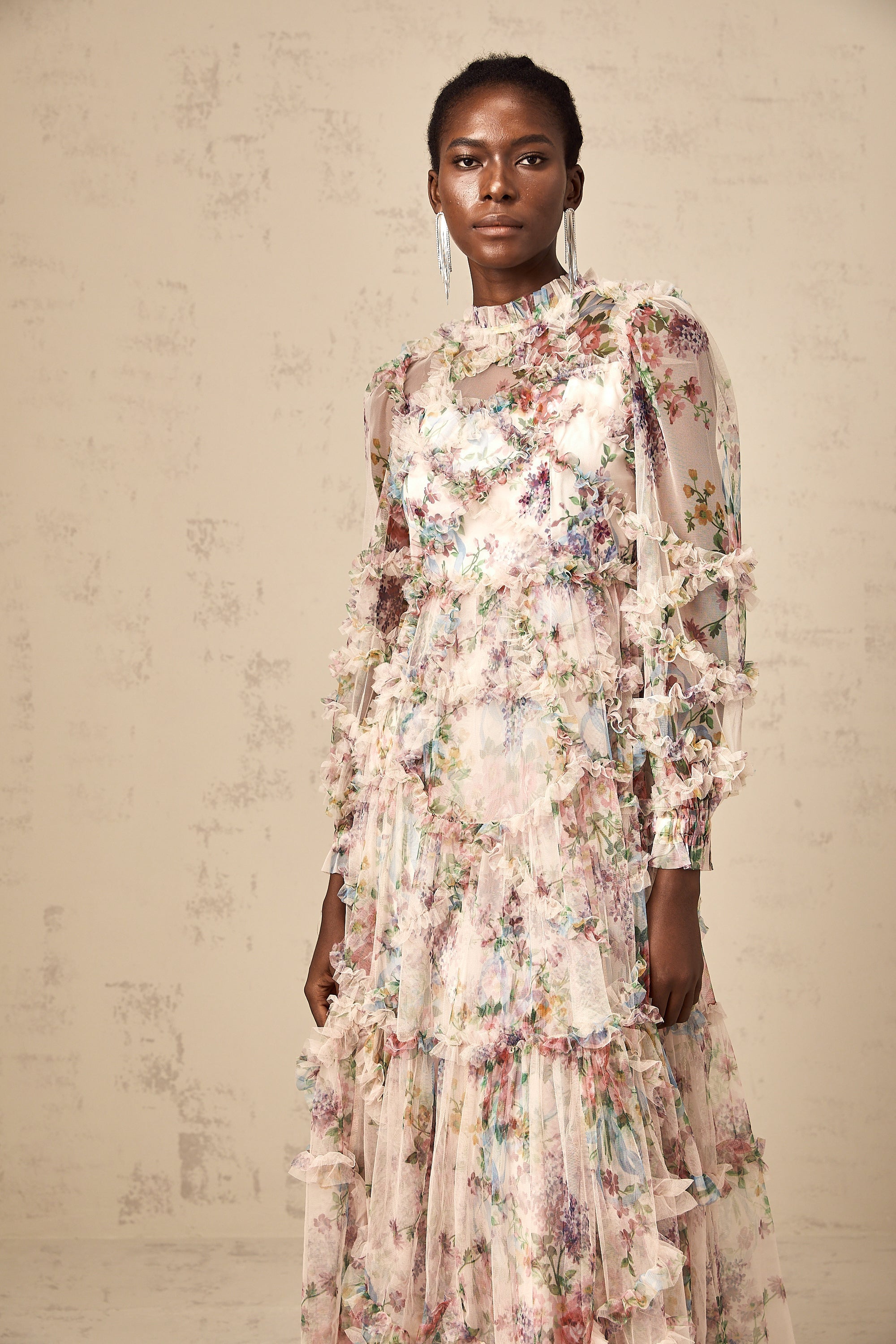 Candice floral ruffled tulle midi dress (Final Sale-US Only)