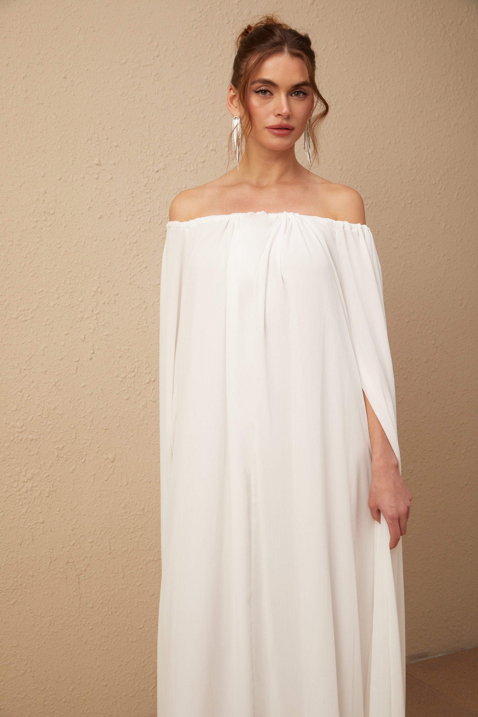 Patrizia white cape-design draped tulle maxi dress (Final Sale-US Only)