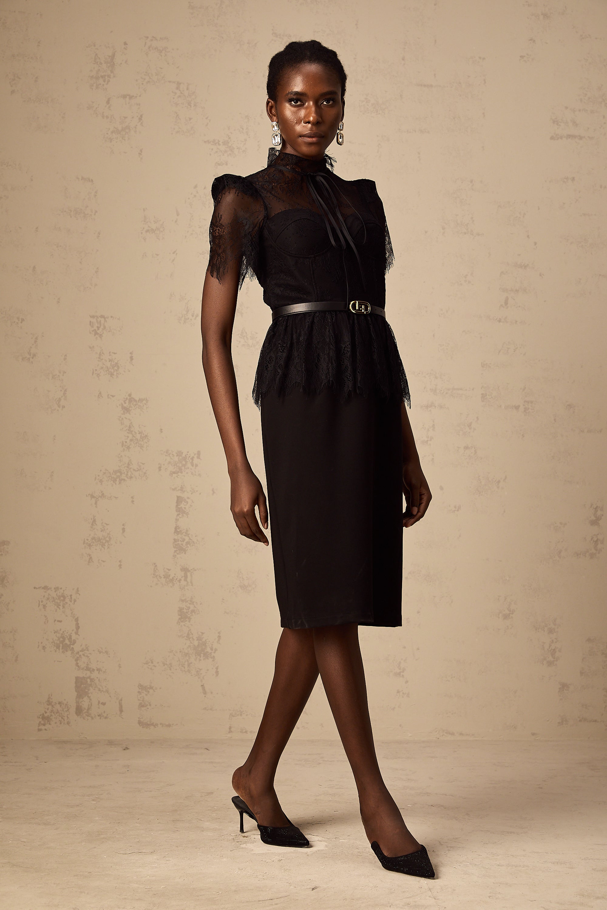 Thérèse black guipure-lace panelled midi dress (Without belt) (Final Sale)
