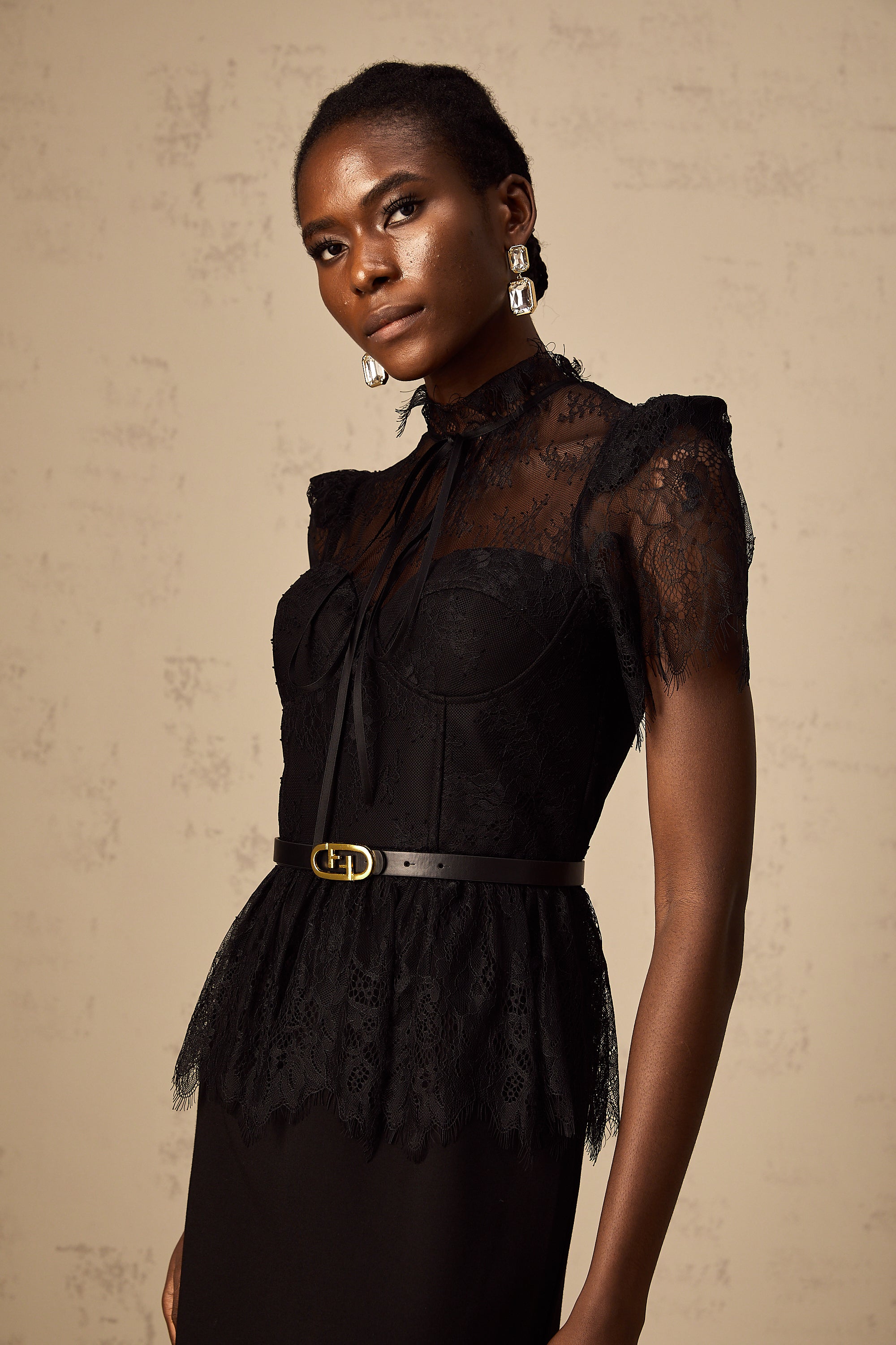 Thérèse black guipure-lace panelled midi dress (Without belt) (Final Sale)