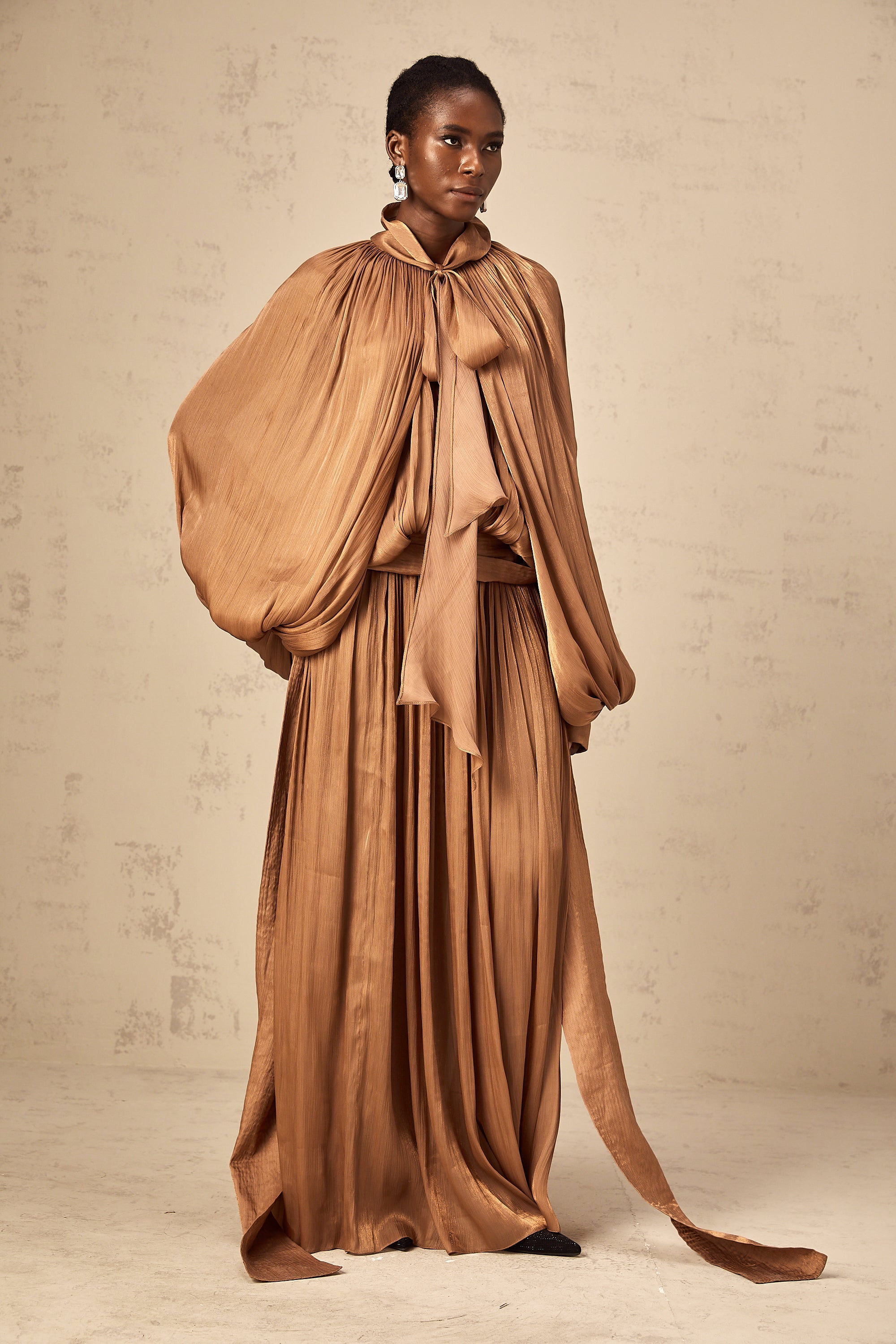Mila Brown Pleated Satin Maxi Dress (Final Sale-US Only)