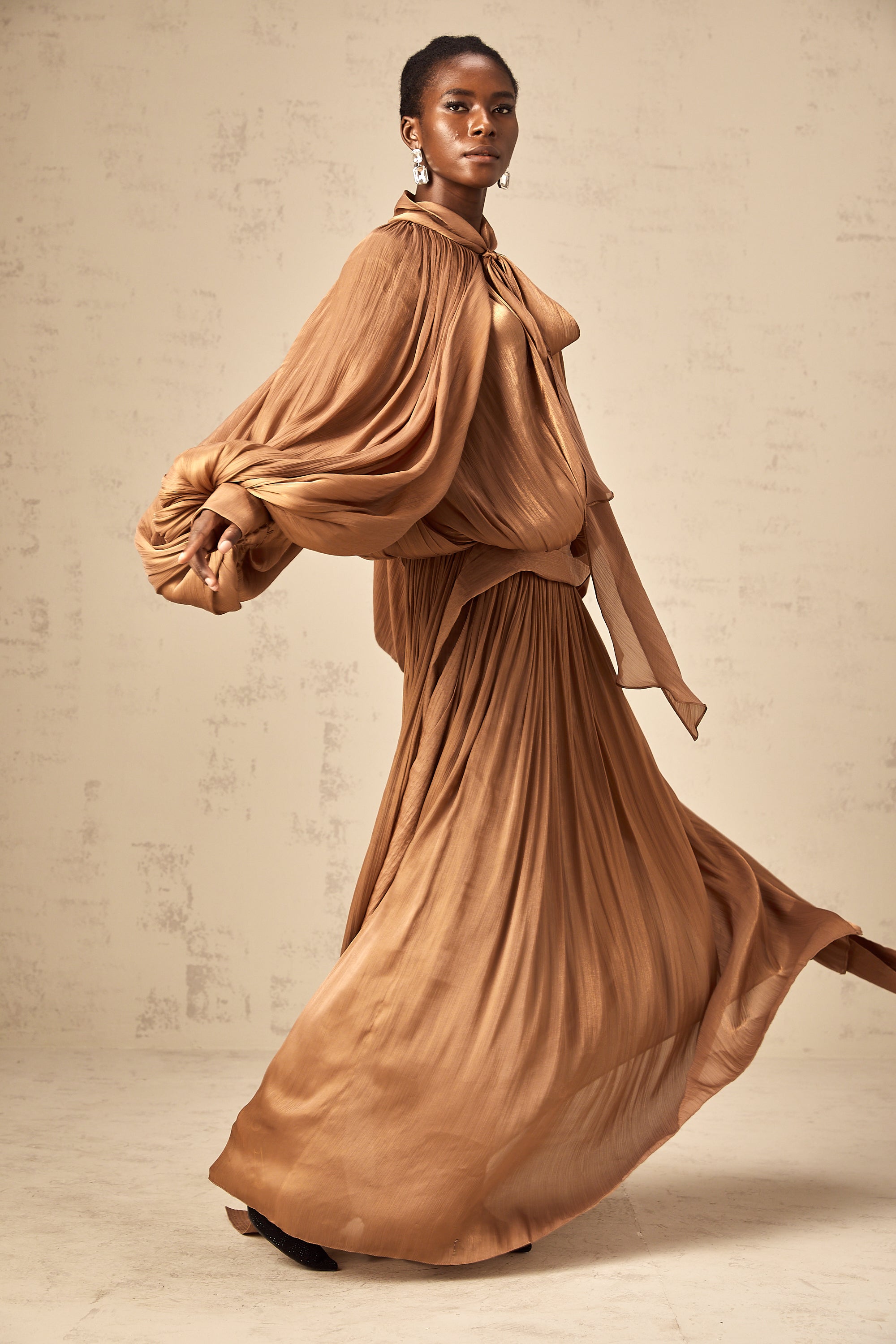 Mila Brown Pleated Satin Maxi Dress (Final Sale-US Only)