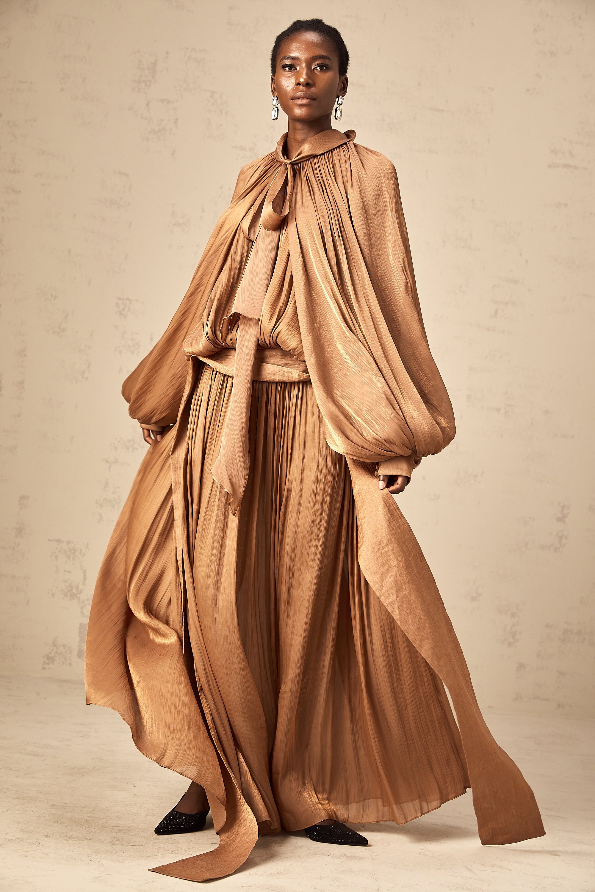 Mila Brown Pleated Satin Maxi Dress (Final Sale-US Only)