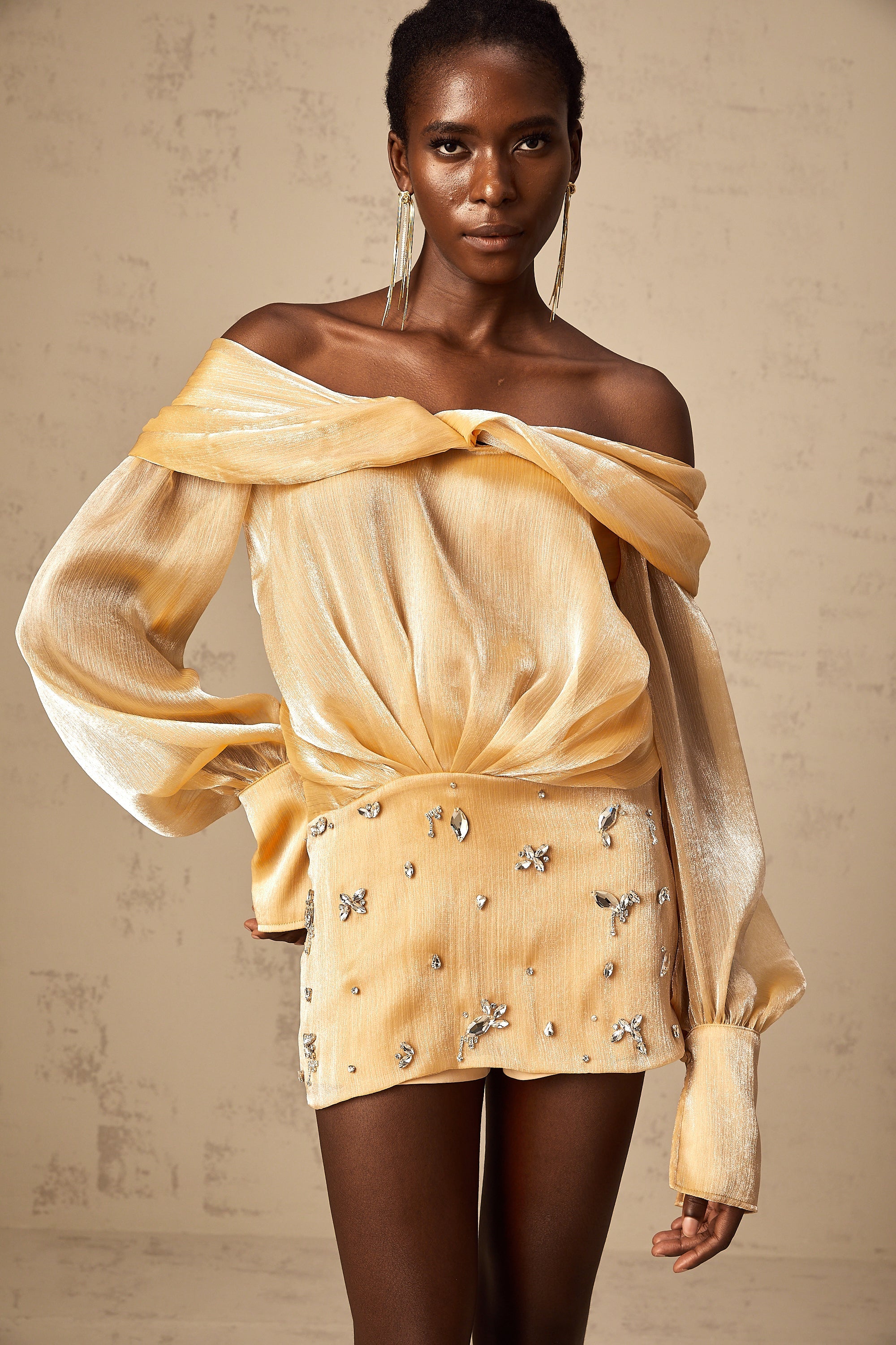 Adelina gold crystal-embellished panelled mini dress