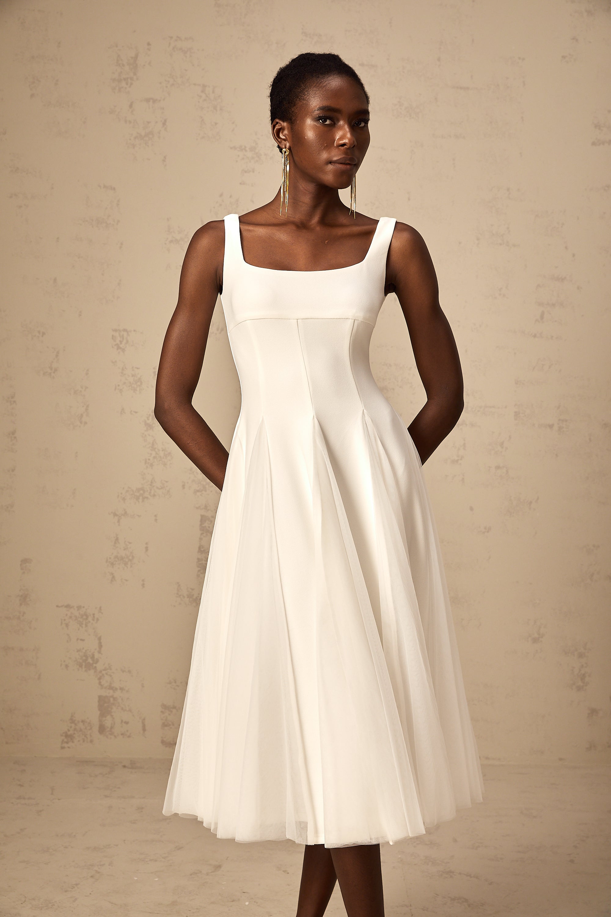Danielle white tulle godet midi dress (Final Sale-US Only)