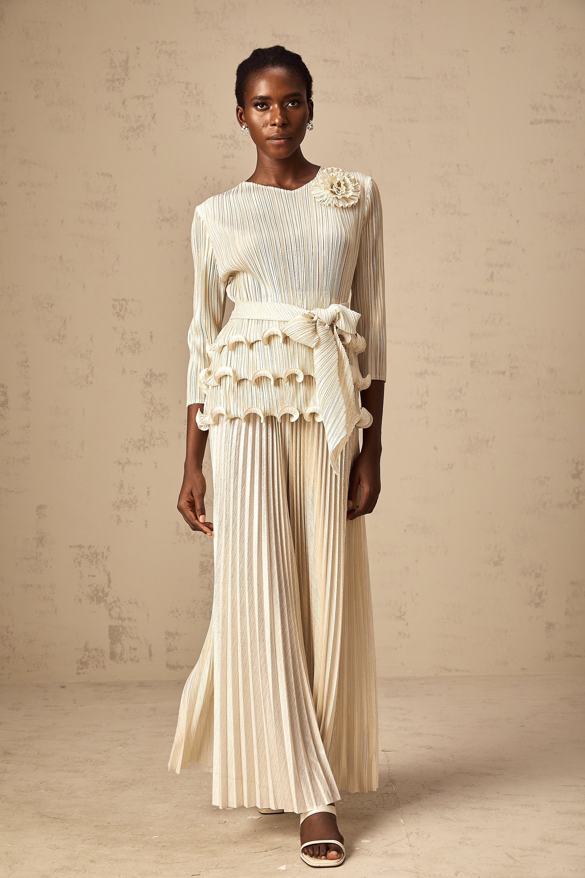 Cloris floral-appliqué ruffled pleated top & trousers (Final Sale)