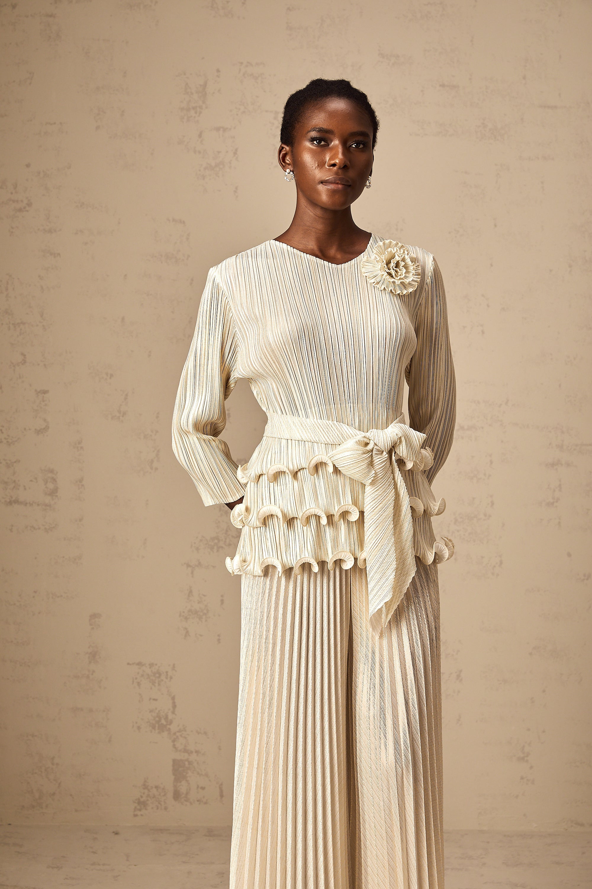 Cloris floral-appliqué ruffled pleated top & trousers (Final Sale)