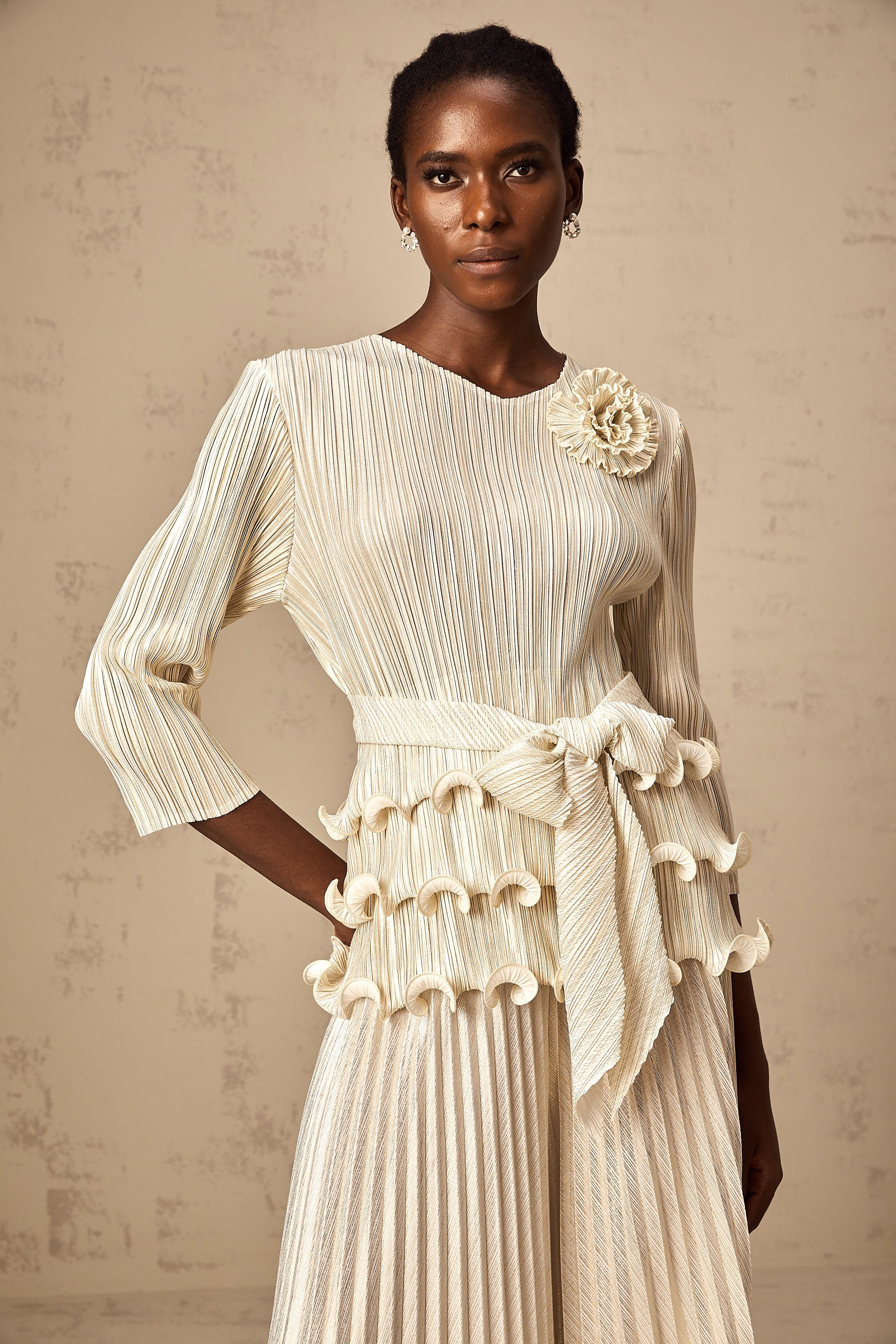 Cloris floral-appliqué ruffled pleated top & trousers (Final Sale)