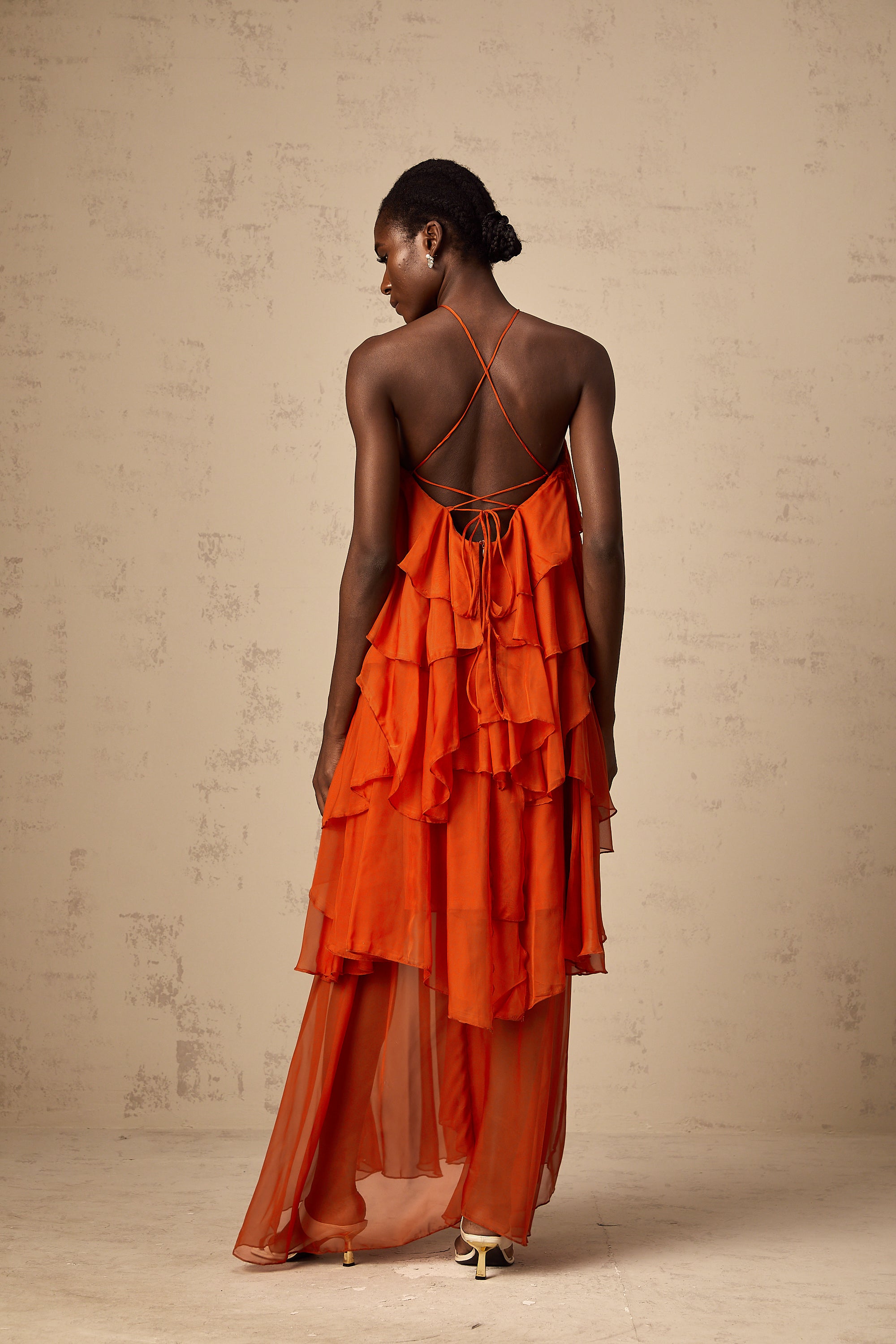 Carrie Orange Halterneck Flounced Maxi Dress (Final Sale-US Only)