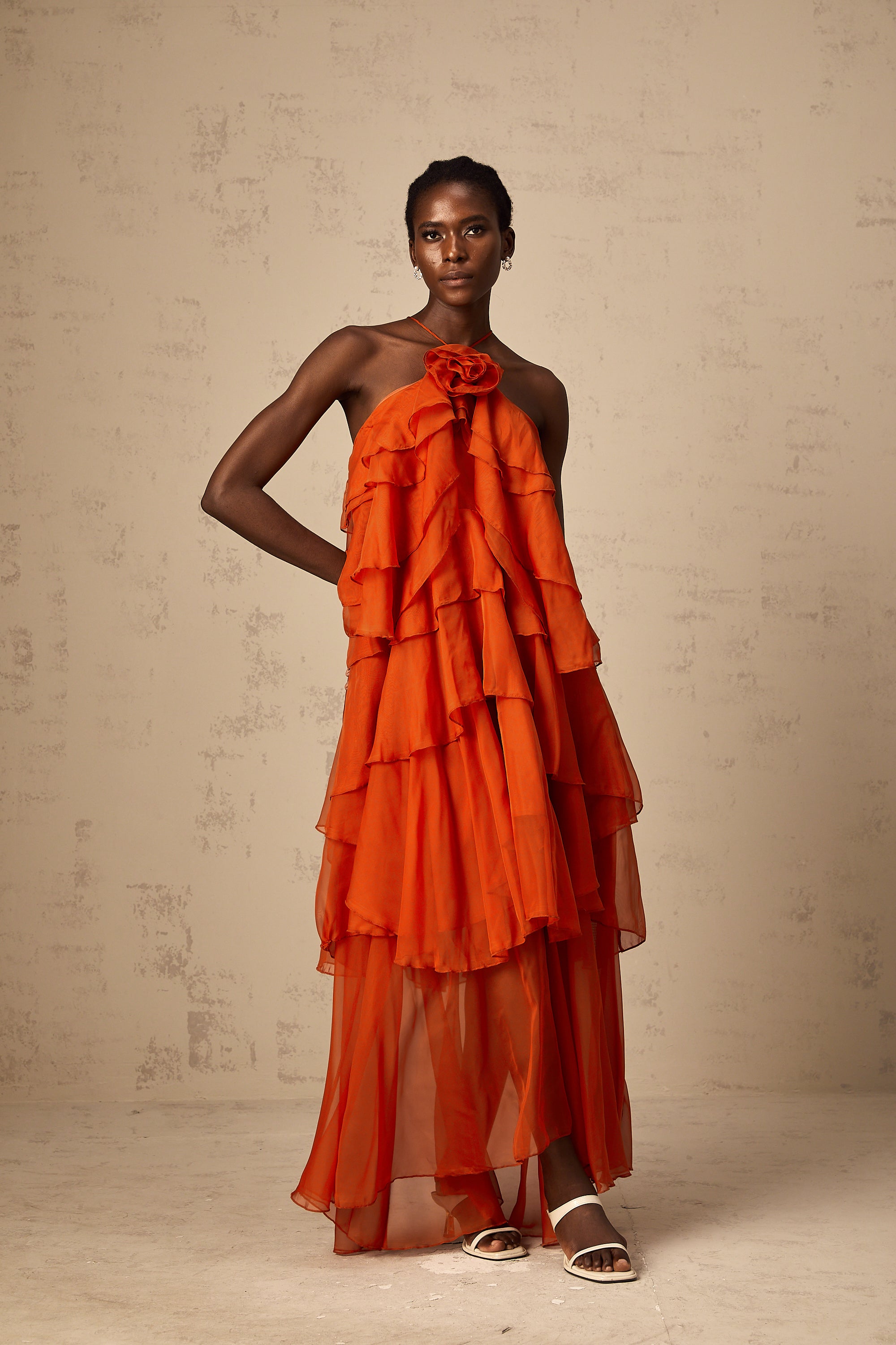 Carrie Orange Halterneck Flounced Maxi Dress (Final Sale-US Only)
