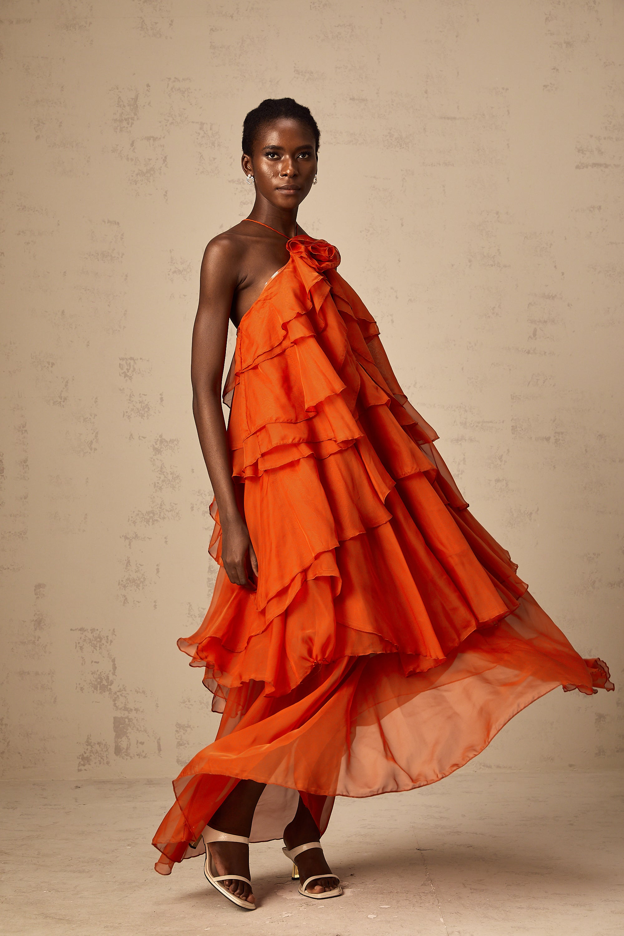 Carrie Orange Halterneck Flounced Maxi Dress (Final Sale-US Only)