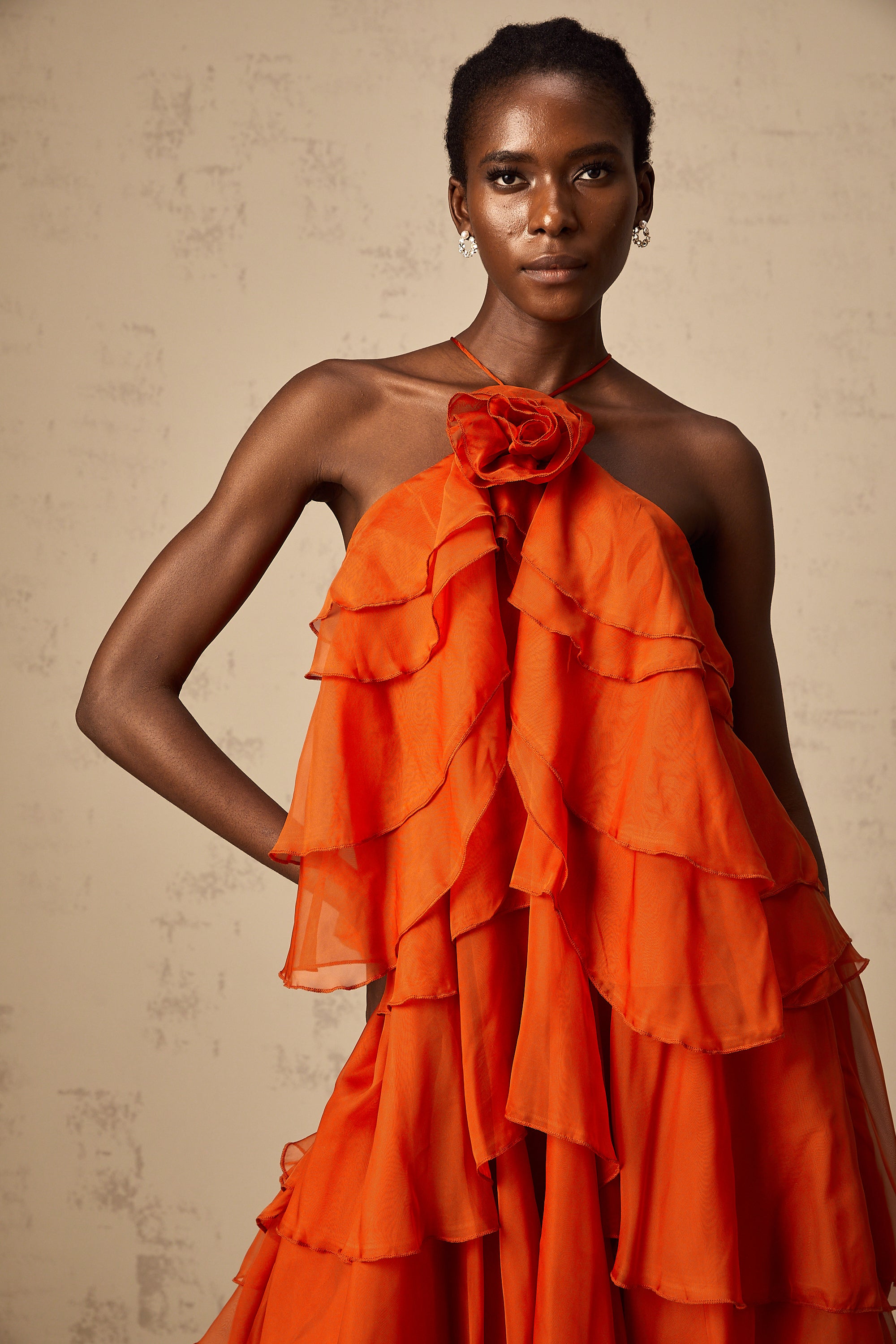 Carrie Orange Halterneck Flounced Maxi Dress (Final Sale-US Only)