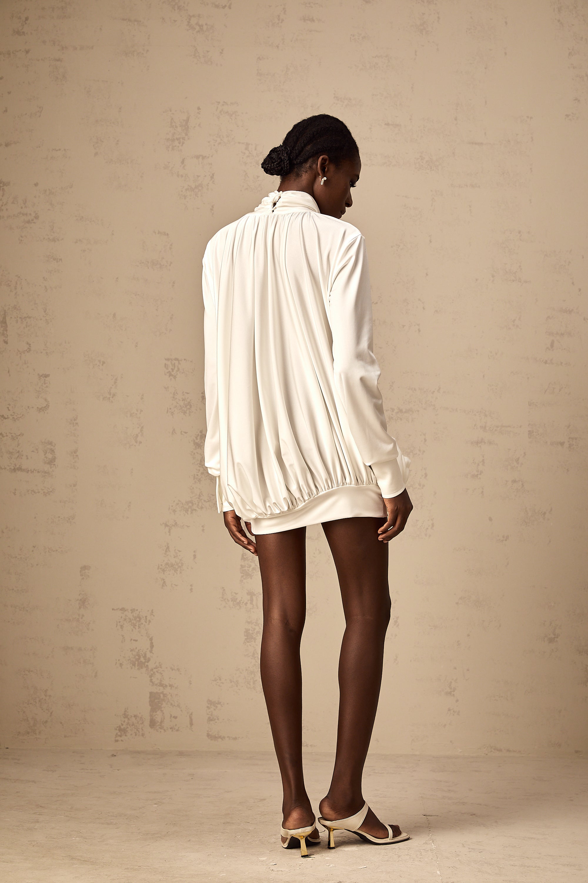 Maeva Faux-Flower Ruched Mini Dress in White