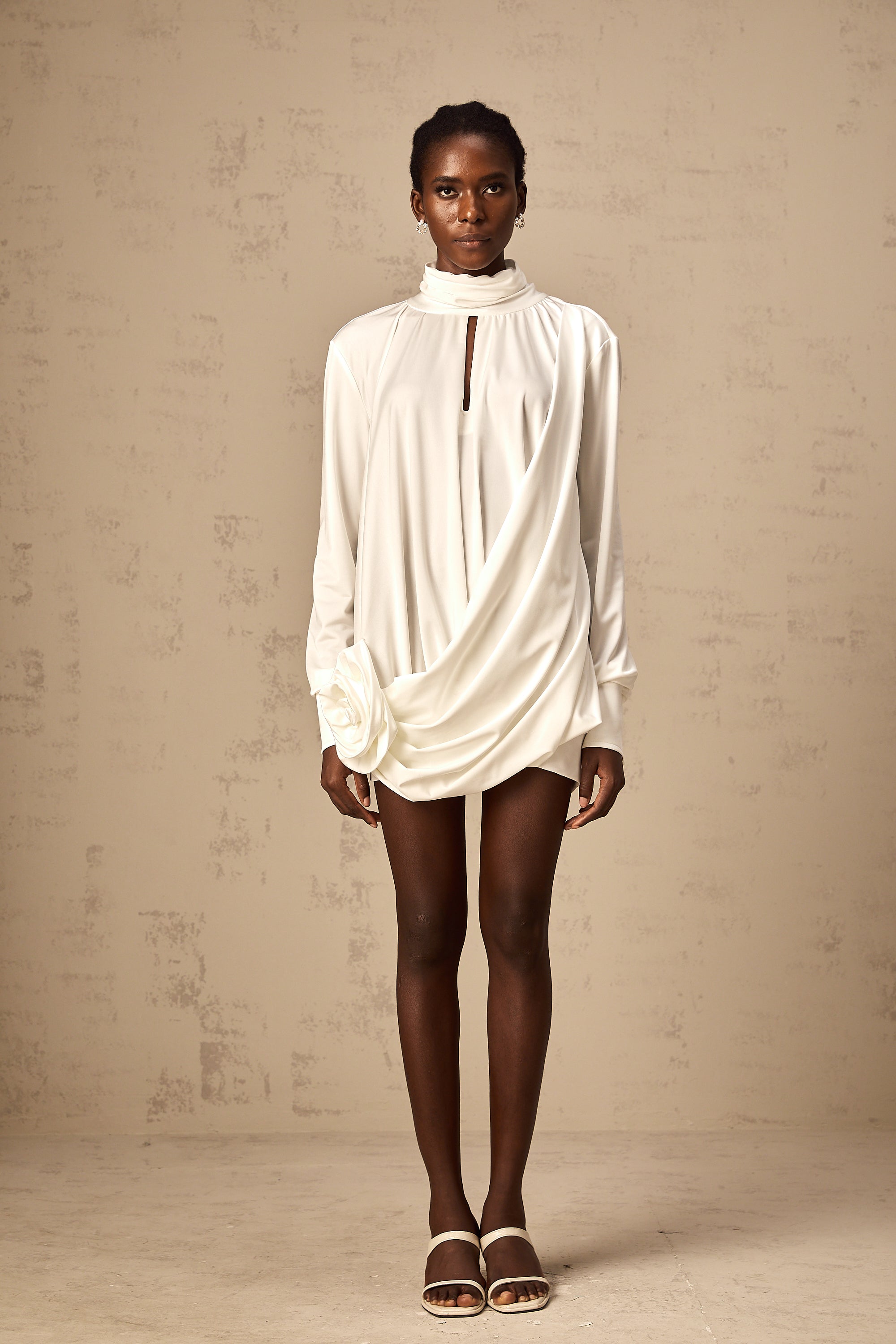 Maeva Faux-Flower Ruched Mini Dress in White