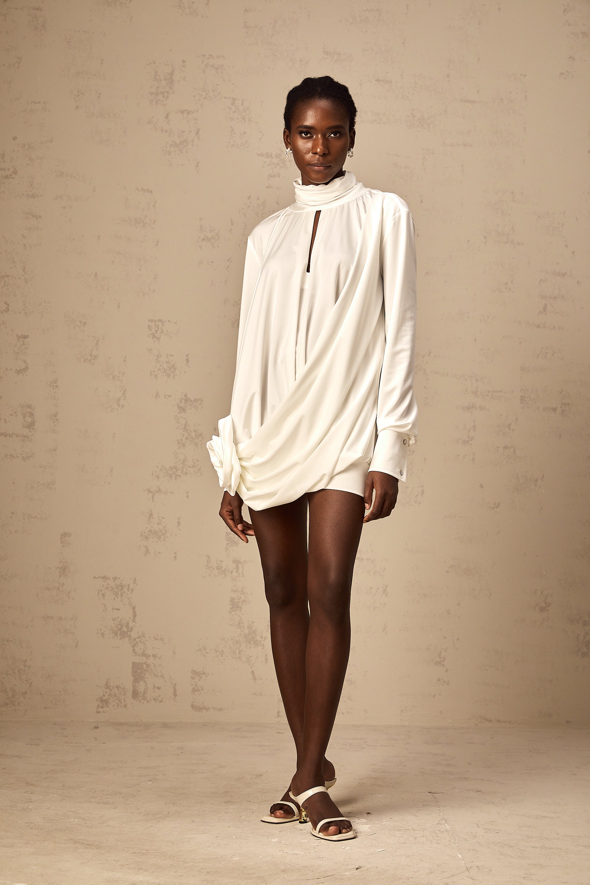 Maeva Faux-Flower Ruched Mini Dress in White