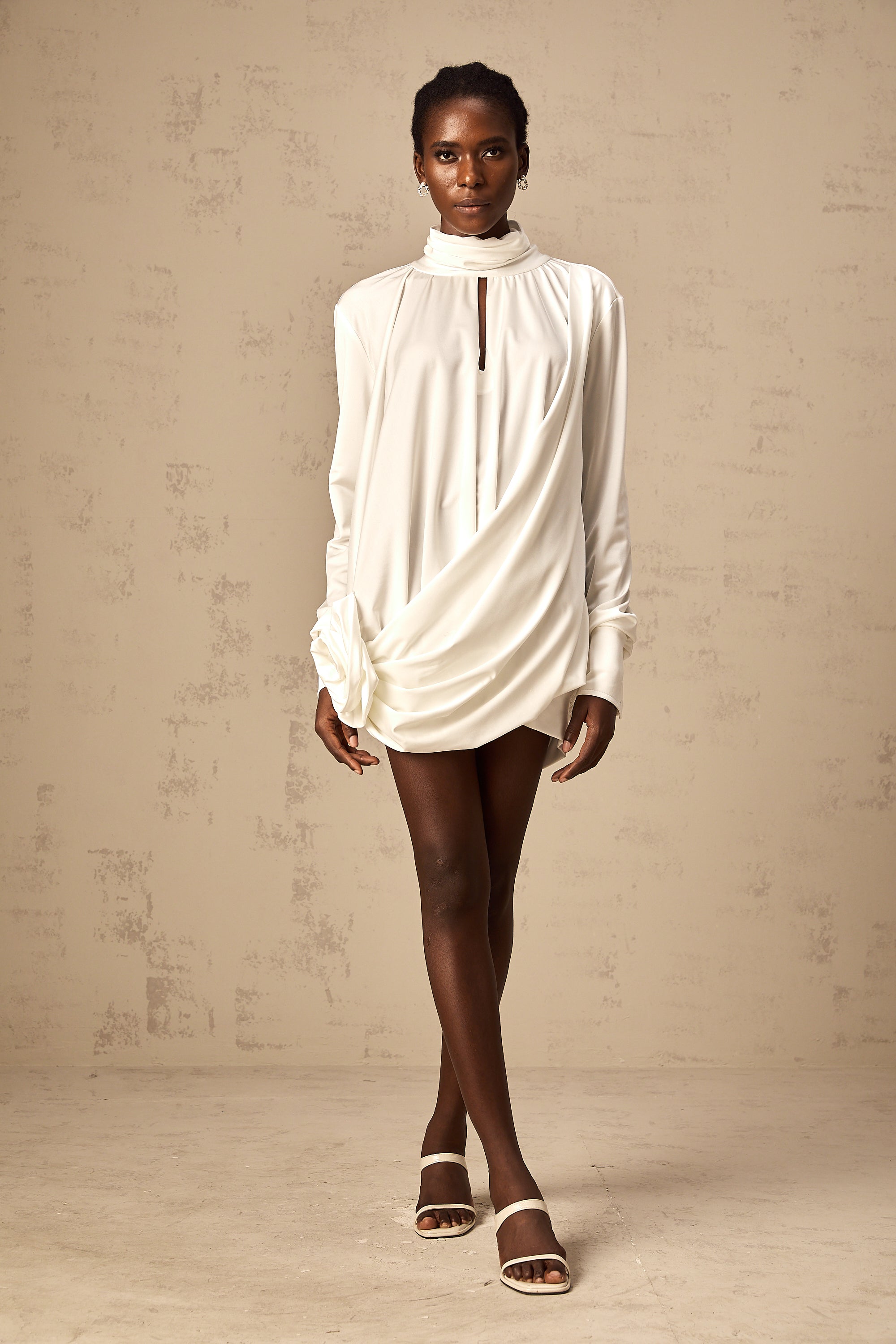 Maeva Faux-Flower Ruched Mini Dress in White
