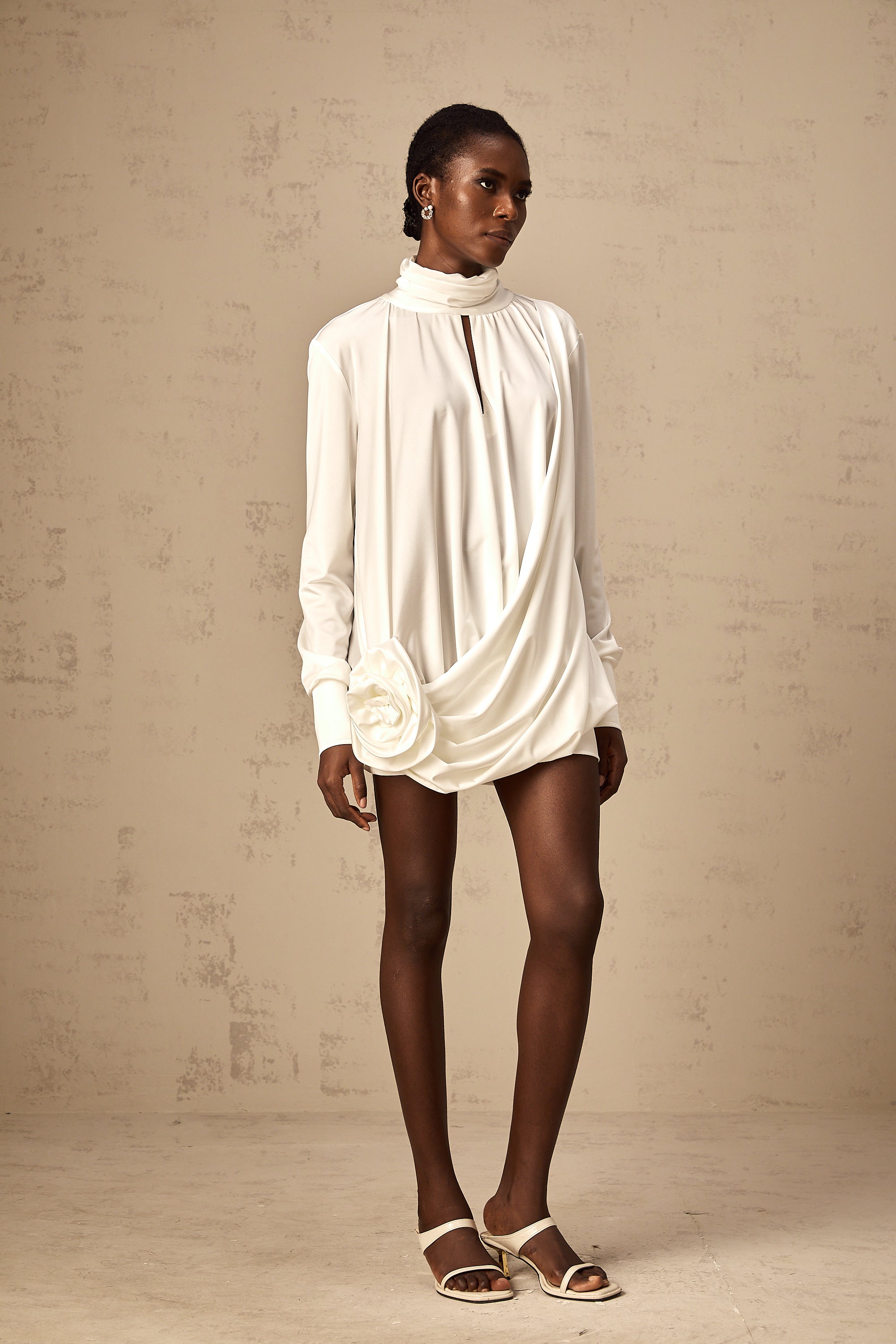 Maeva Faux-Flower Ruched Mini Dress in White