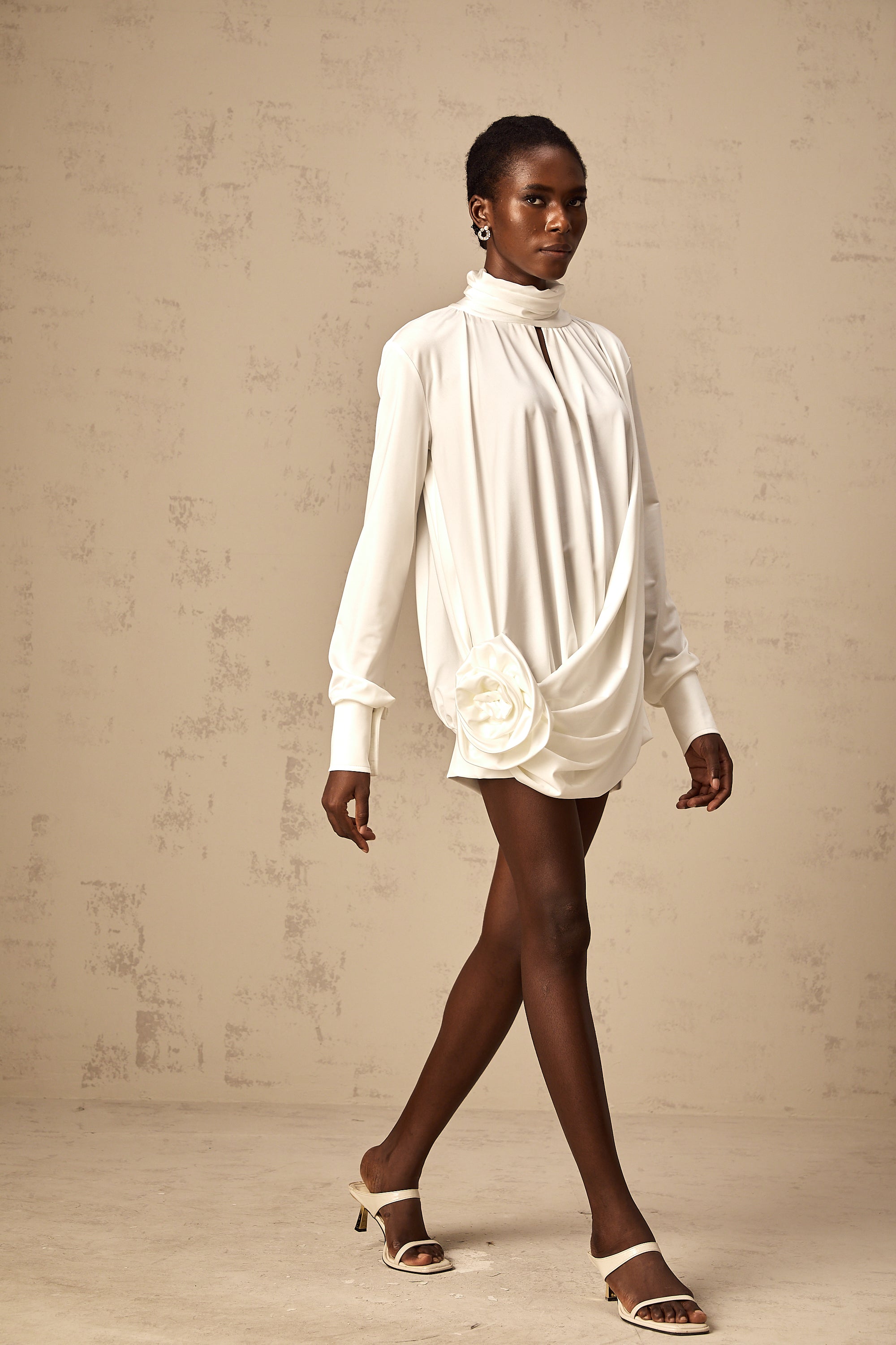 Maeva Faux-Flower Ruched Mini Dress in White