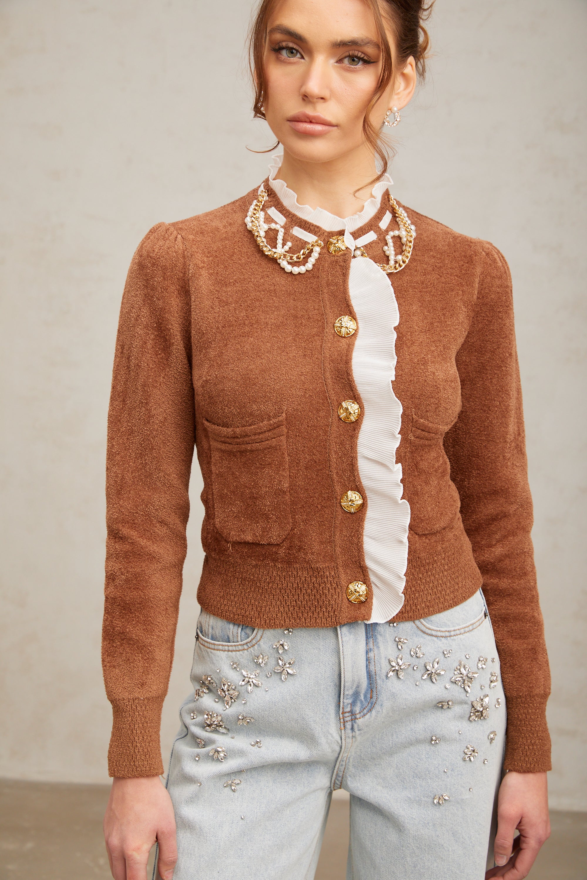 Cardigan en maille à volants décorés Elisabetta, couleur marron