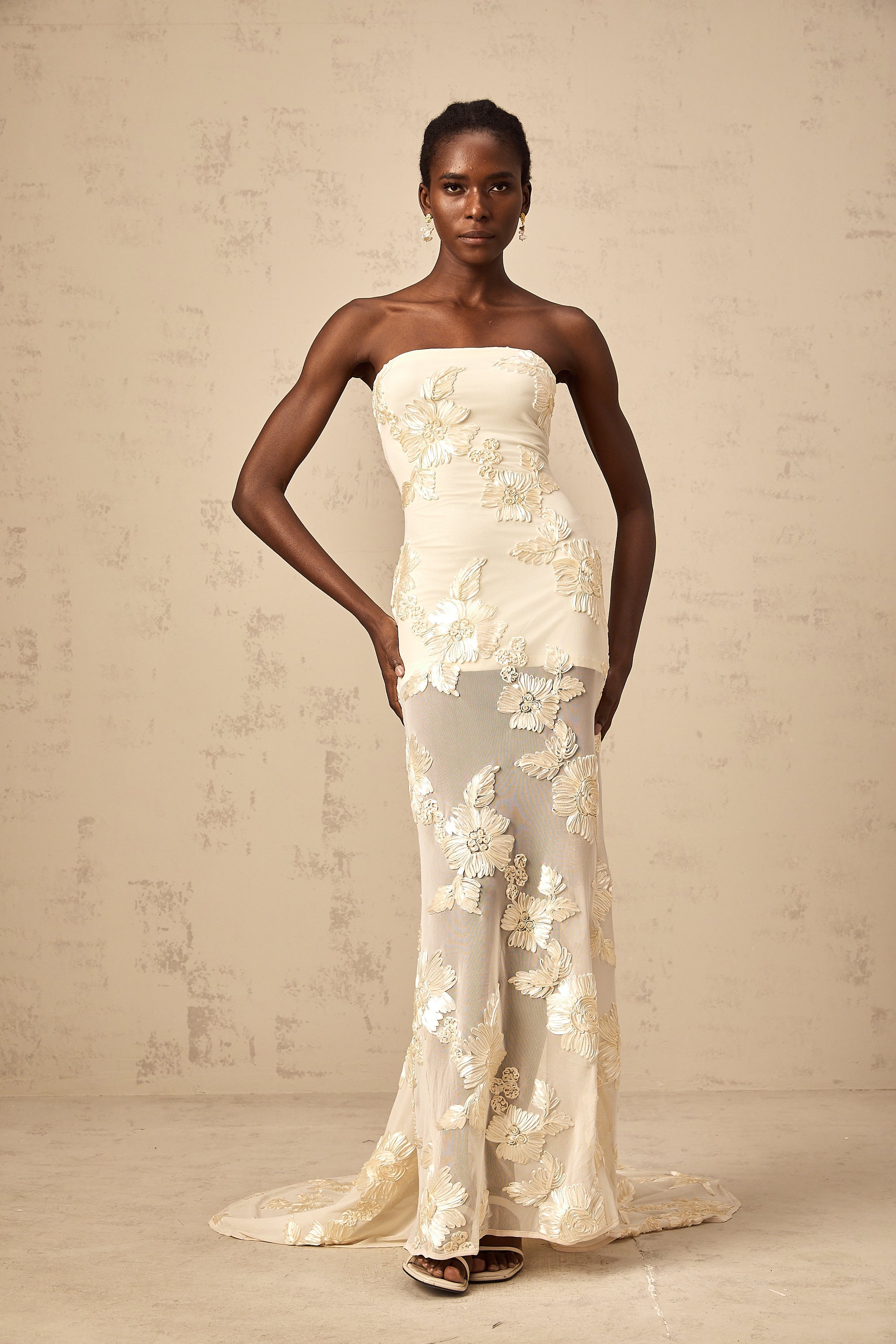 Melanie neutrals embroidered off-shoulder maxi dress (Final Sale)