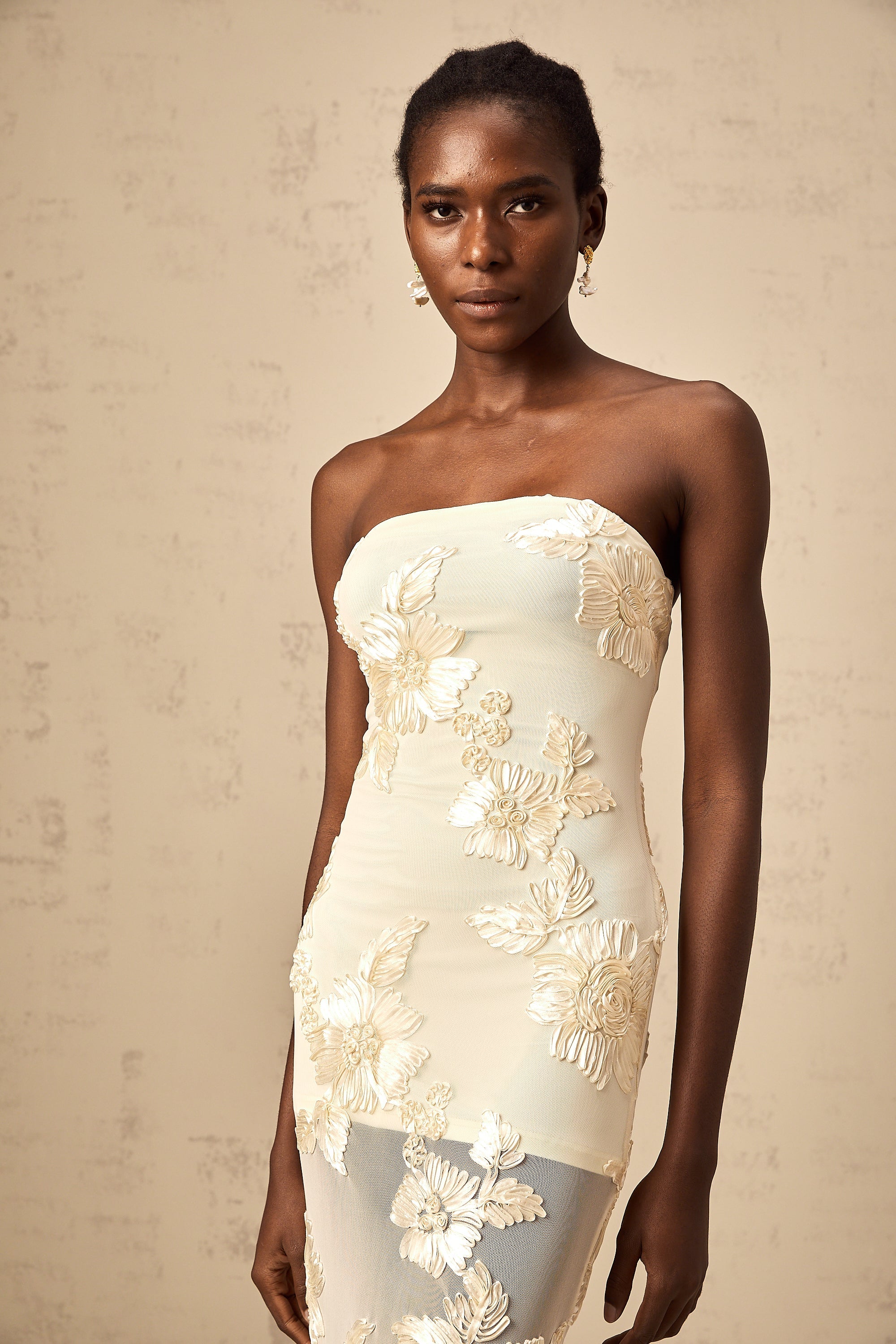 Melanie neutrals embroidered off-shoulder maxi dress (Final Sale)