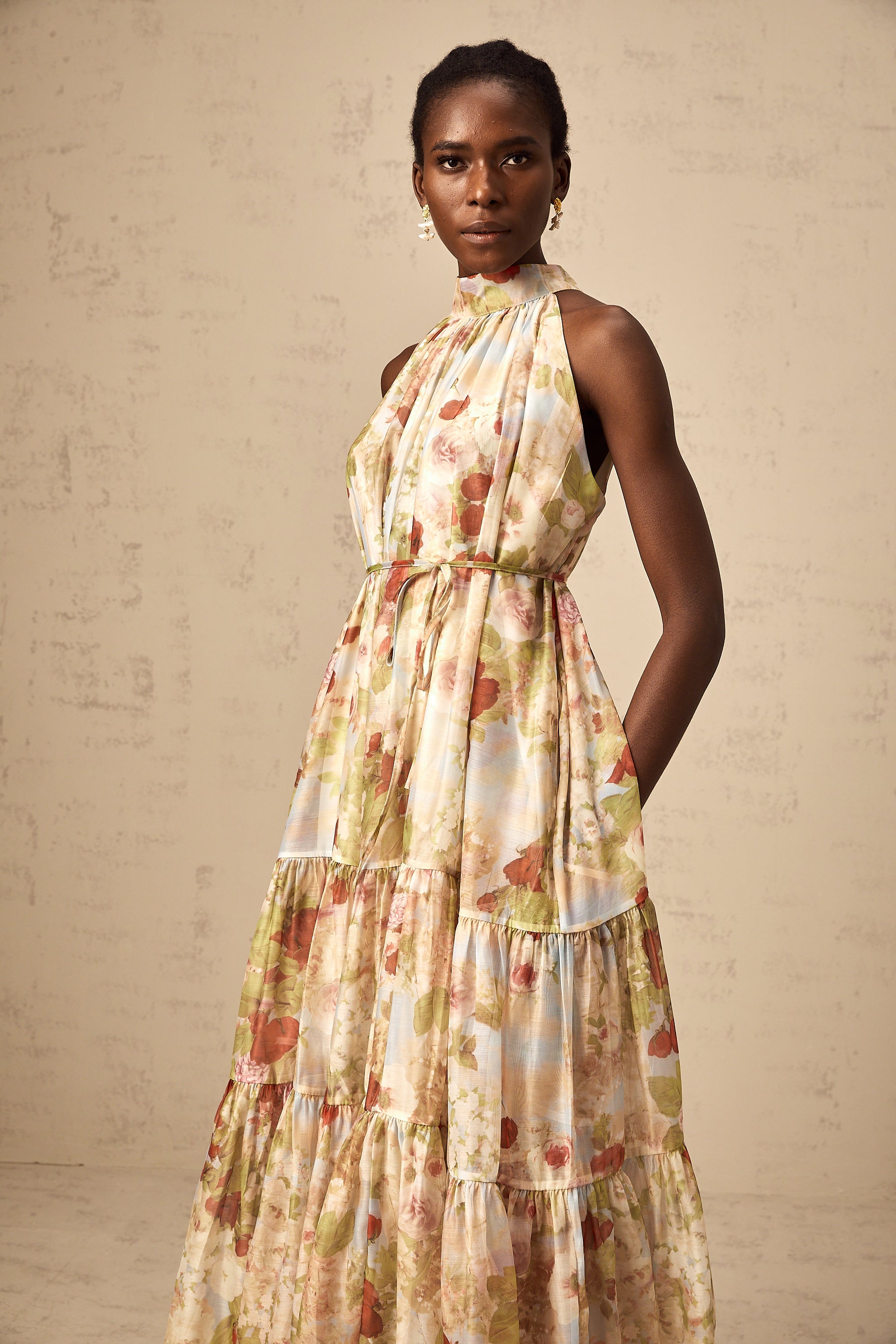 Ulani floral-print sleeveless midi dress in Neutrals