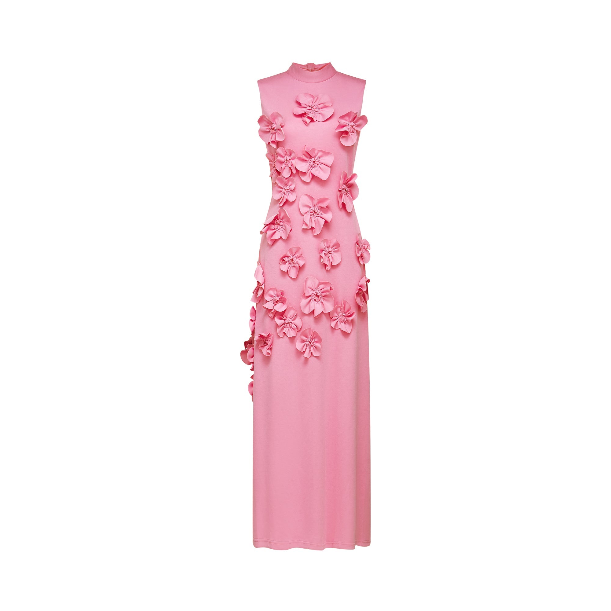 Pink sleeveless high-neck midi dress with 3D floral embellishments