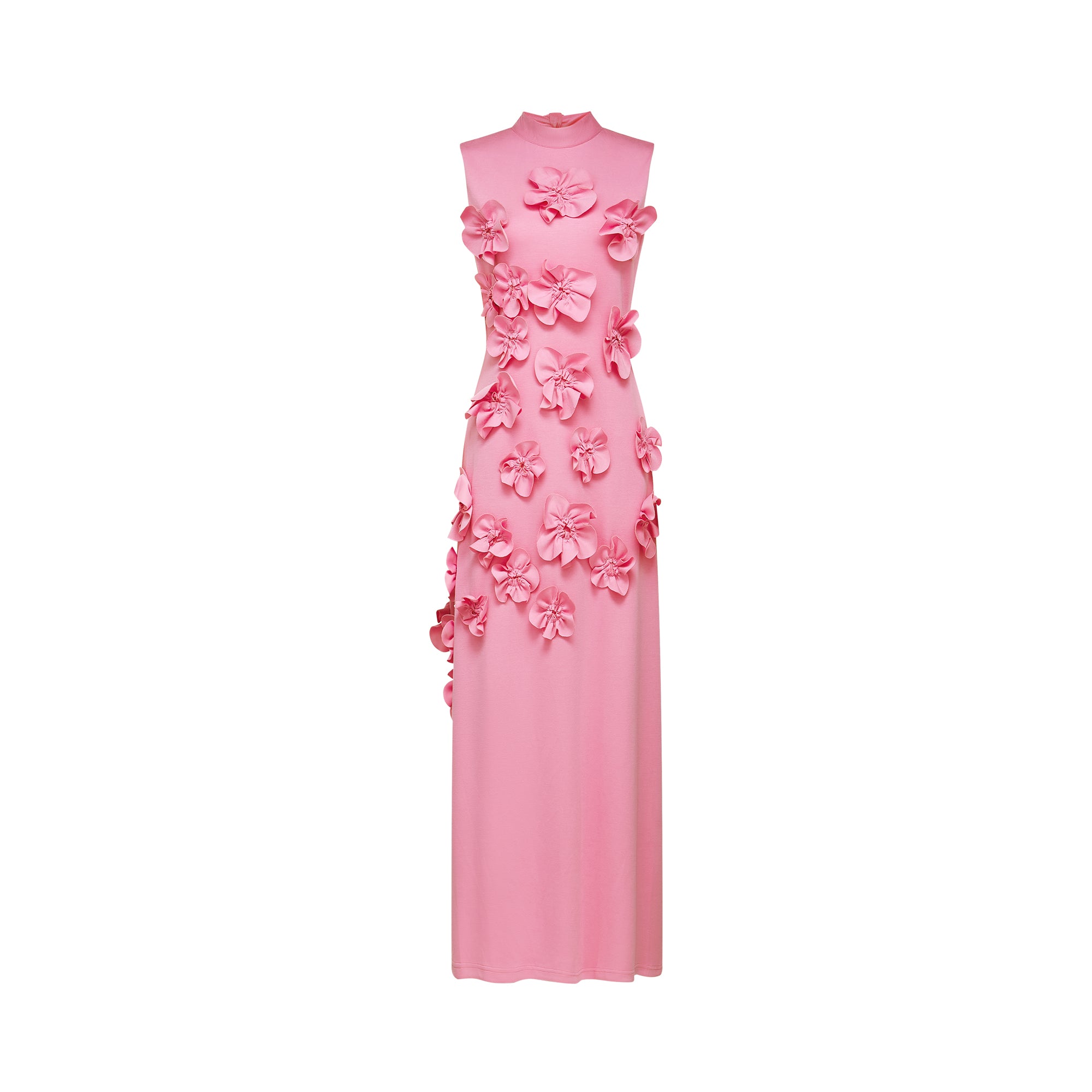 Pink sleeveless high-neck midi dress with 3D floral embellishments