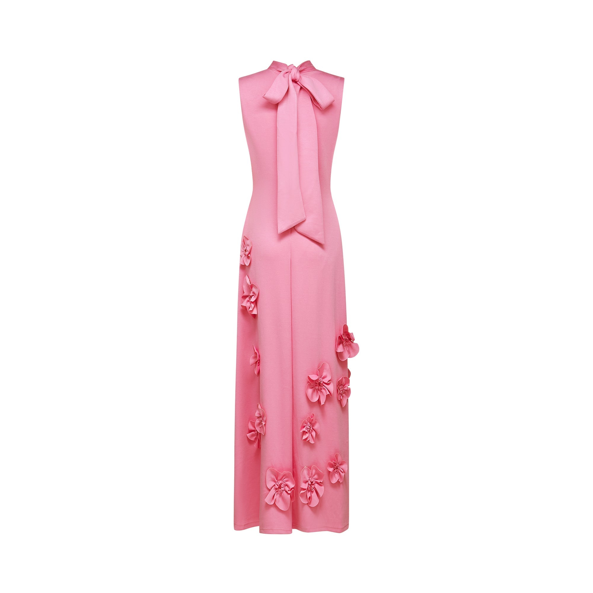 Pink sleeveless high-neck midi dress with 3D floral embellishments