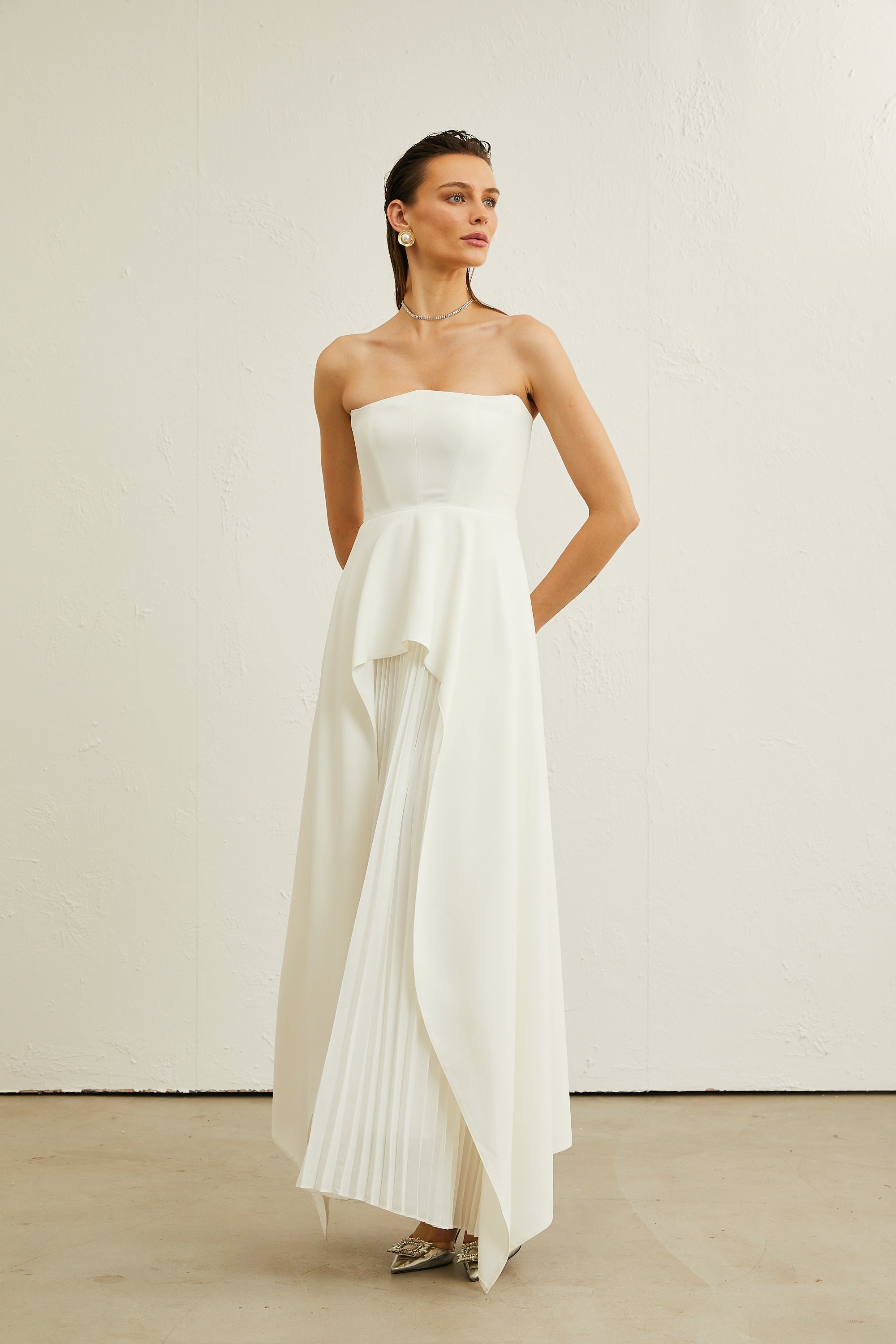 Vanessa white pleated off-shoulder maxi dress(Final Sale)
