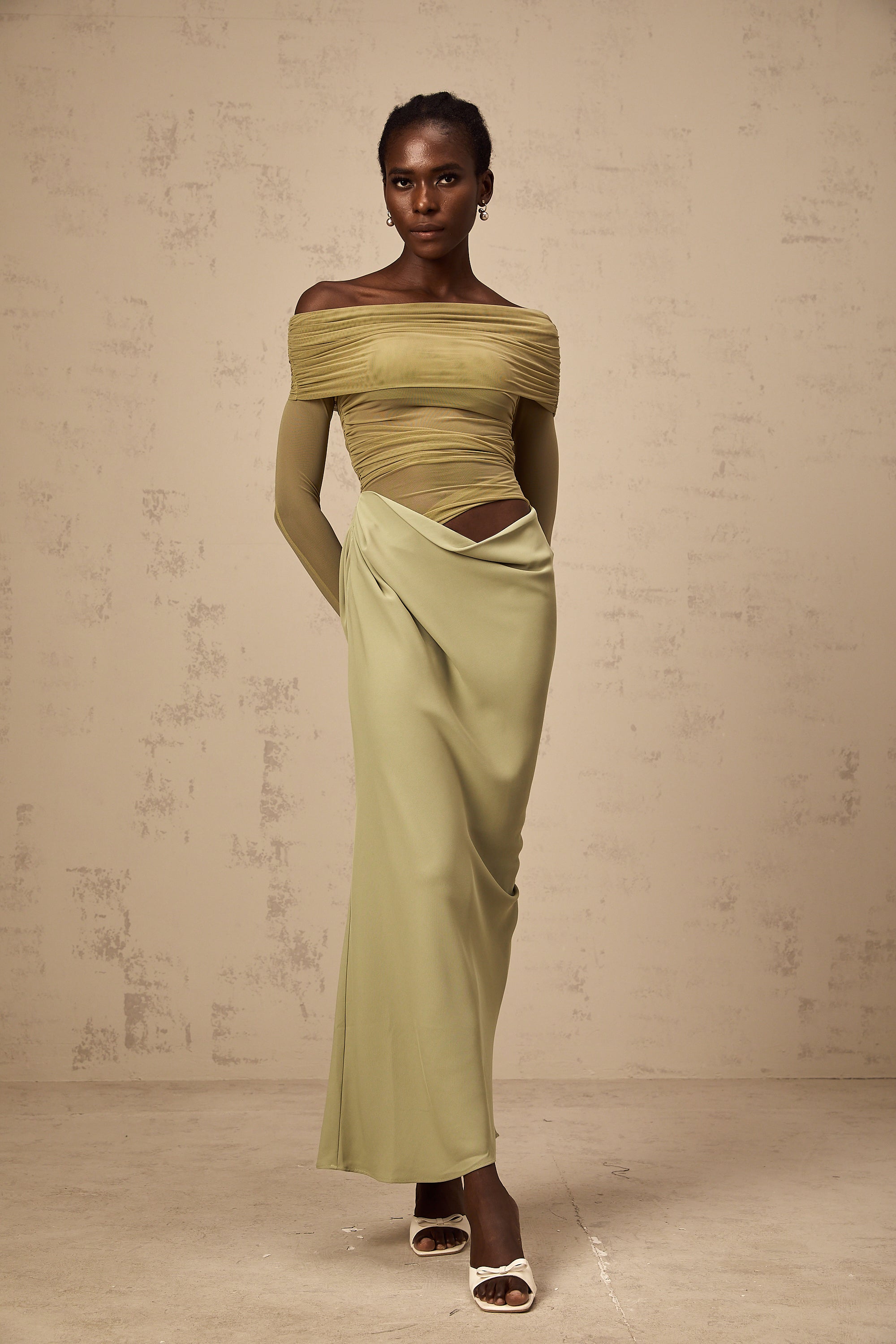 Estelle off-shoulder semi-sheer midi dress in Green (Final Sale-US Only)
