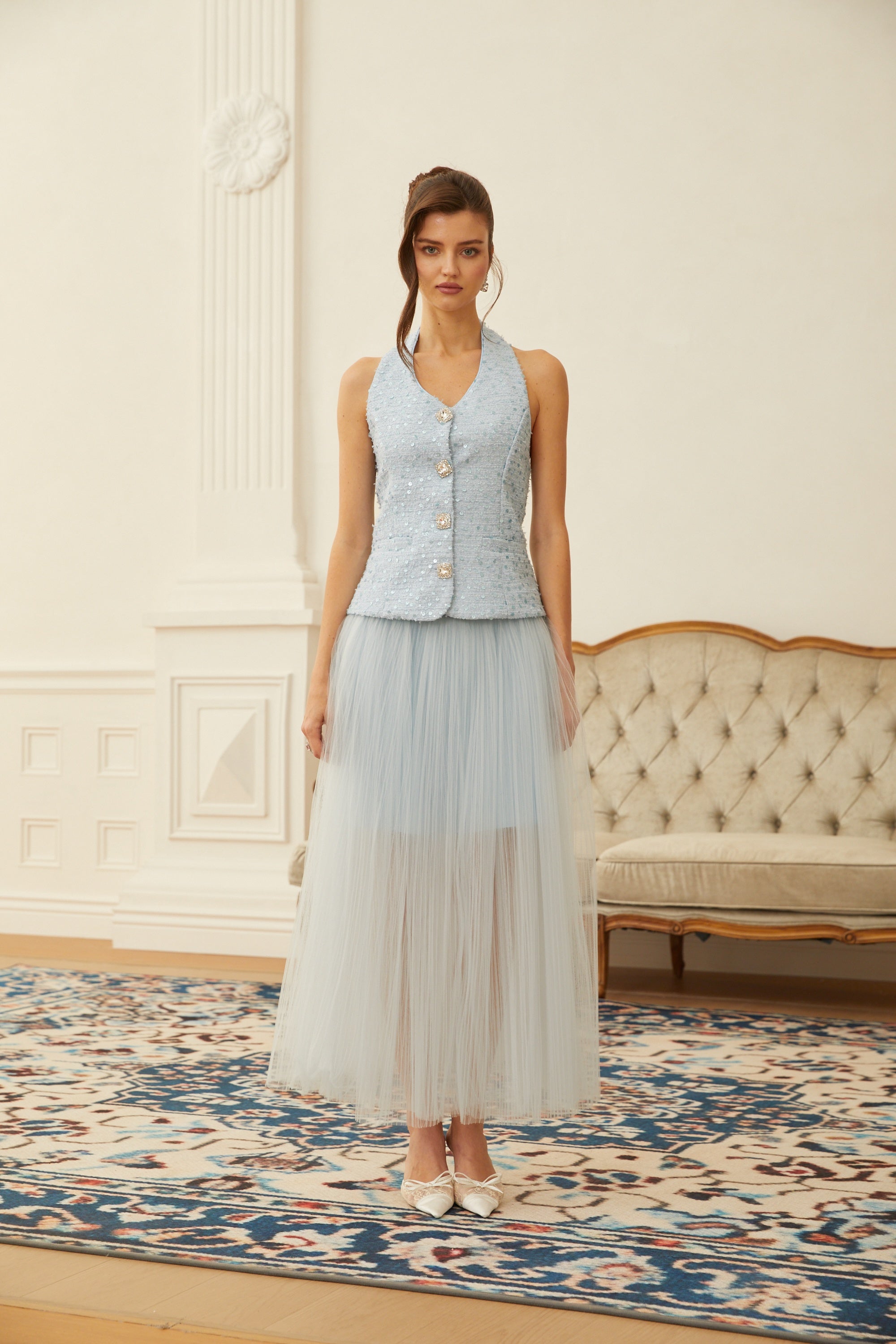 Ensemble gilet en tweed bleu et jupe en tulle Margareta (Vente définitive)