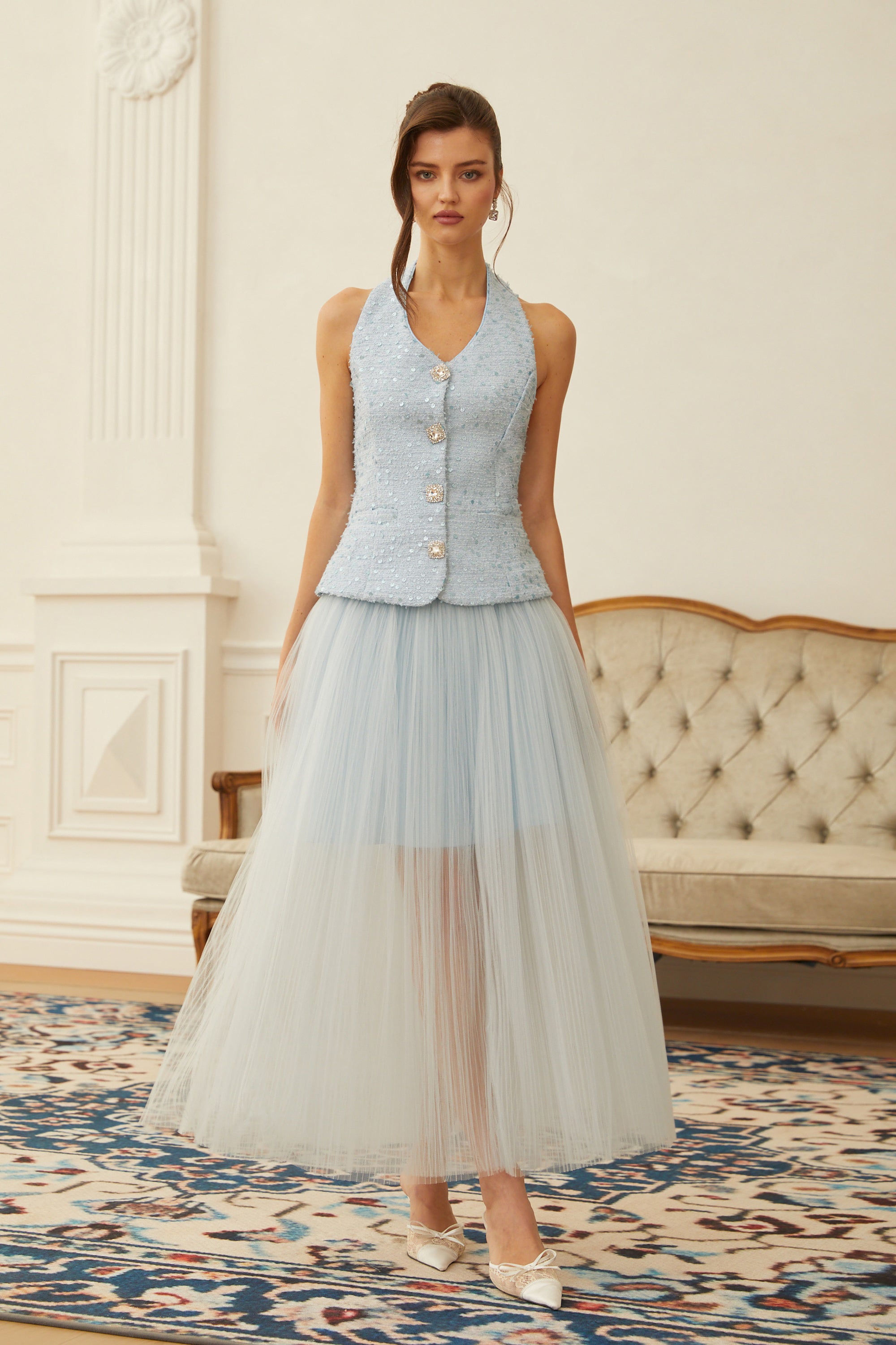 Margareta Blue Tweed Waistcoat & Tulle Skirt Set (Final Sale-US Only)
