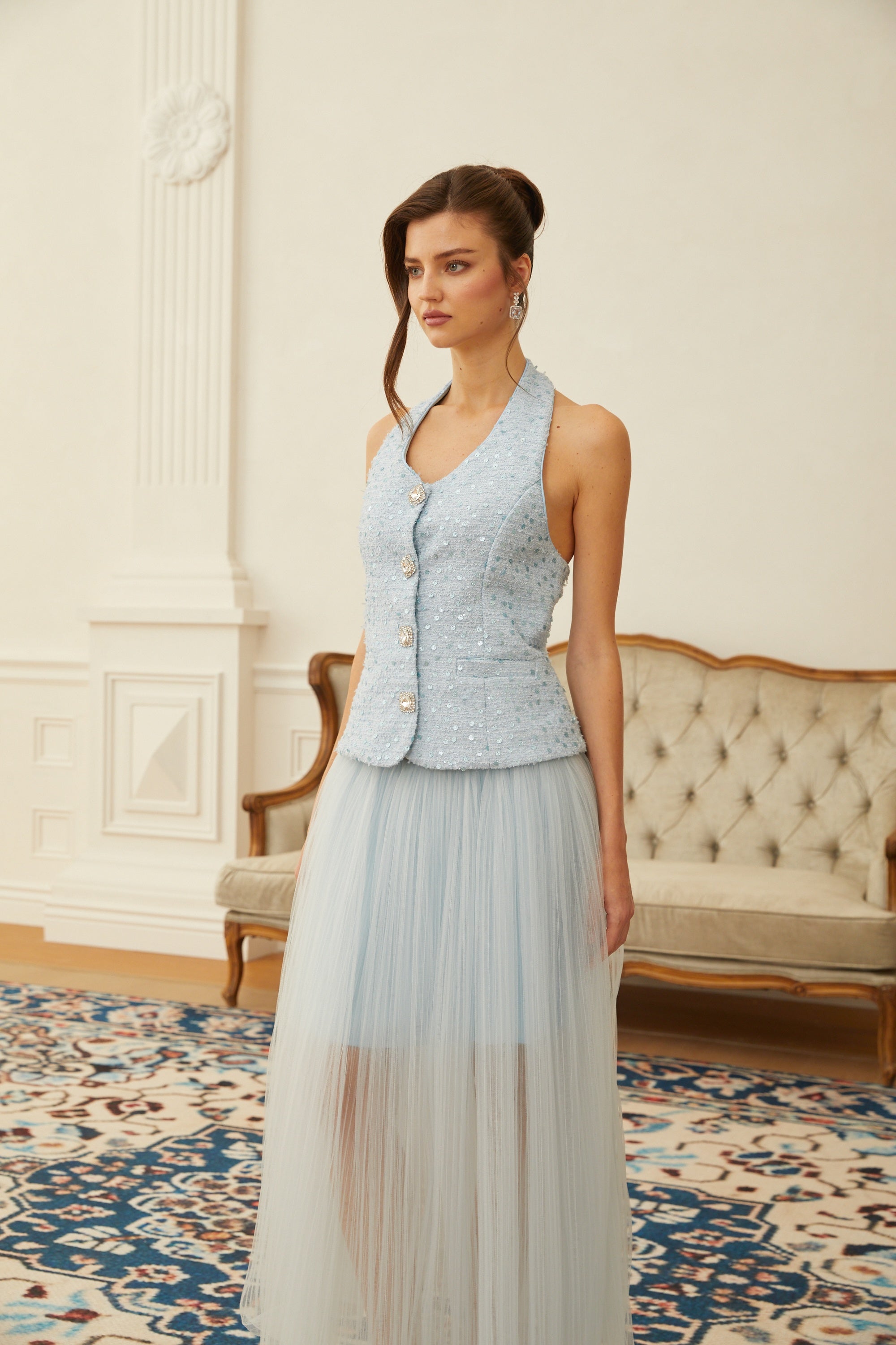 Ensemble gilet en tweed bleu et jupe en tulle Margareta (Vente définitive)